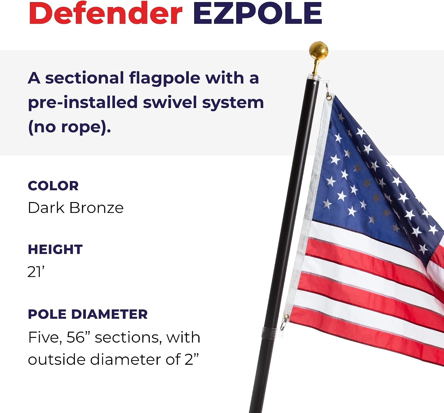Ezpole Defender Sectional Flagpole, Dark Bronze - 21’ with 3’x5’ Sewn Nylon American Flag - Includes All Hardware Needed to Fly Two Flags - Easy to Set Up