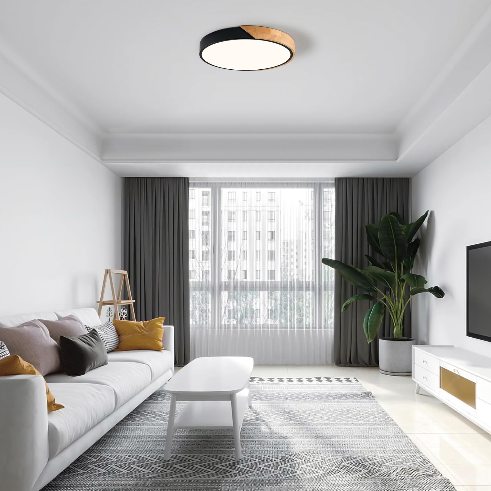 Qamra Lampara Techo, Madera Lampara Techo Negro, Moderno Plafón 40cm, iluminación 36W Redondo para Dormitorio, Sala de estar, Cocina, Comedor, Pasillo 4000K