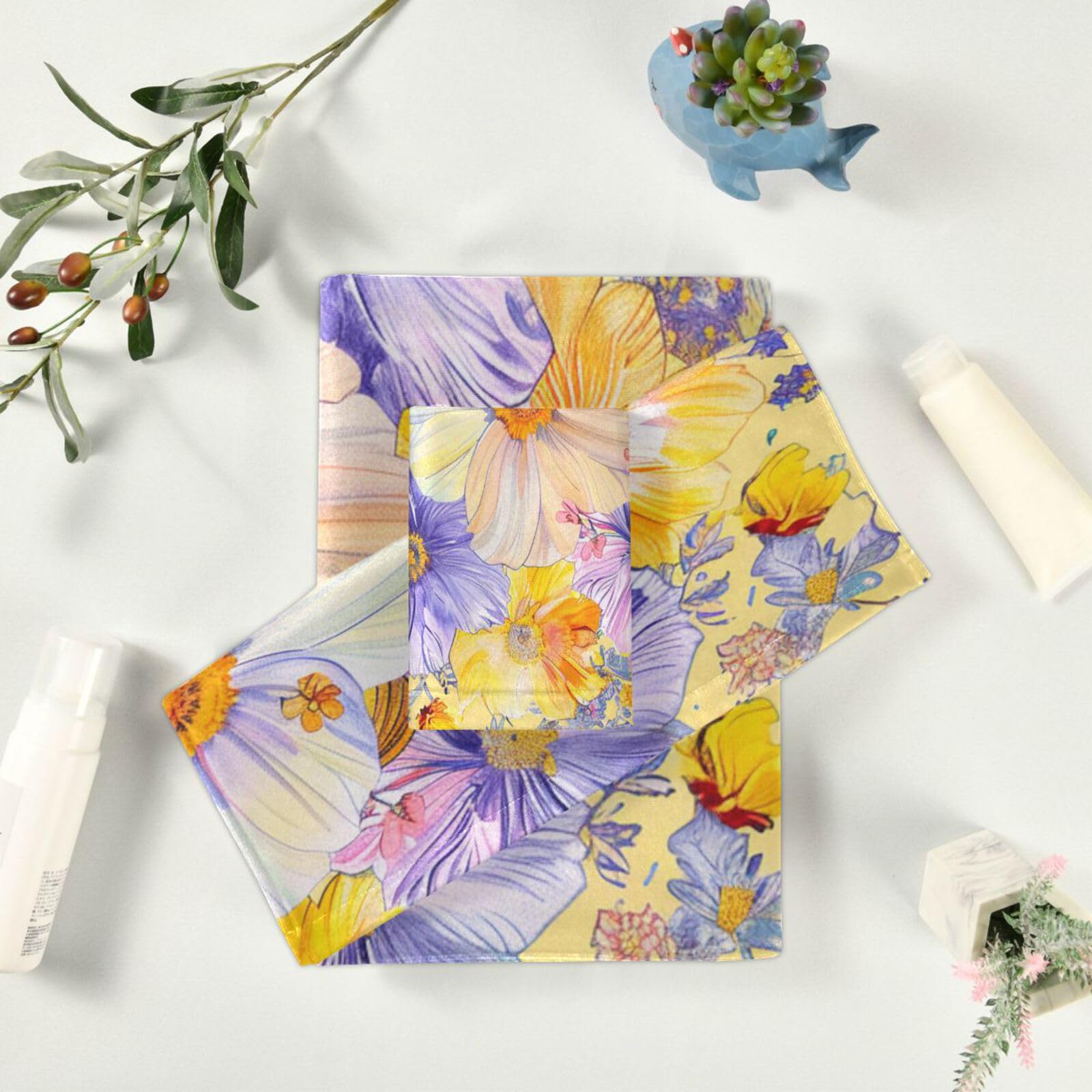 Set di 3 asciugamani morbidi per il viso in stile bohémien, con fiori e fiori gialli luminosi, 1 asciugamano da bagno, 1 asciugamano da bagno, 1 asciugamano, 1 asciugamano, per casa, cucina e famiglia
