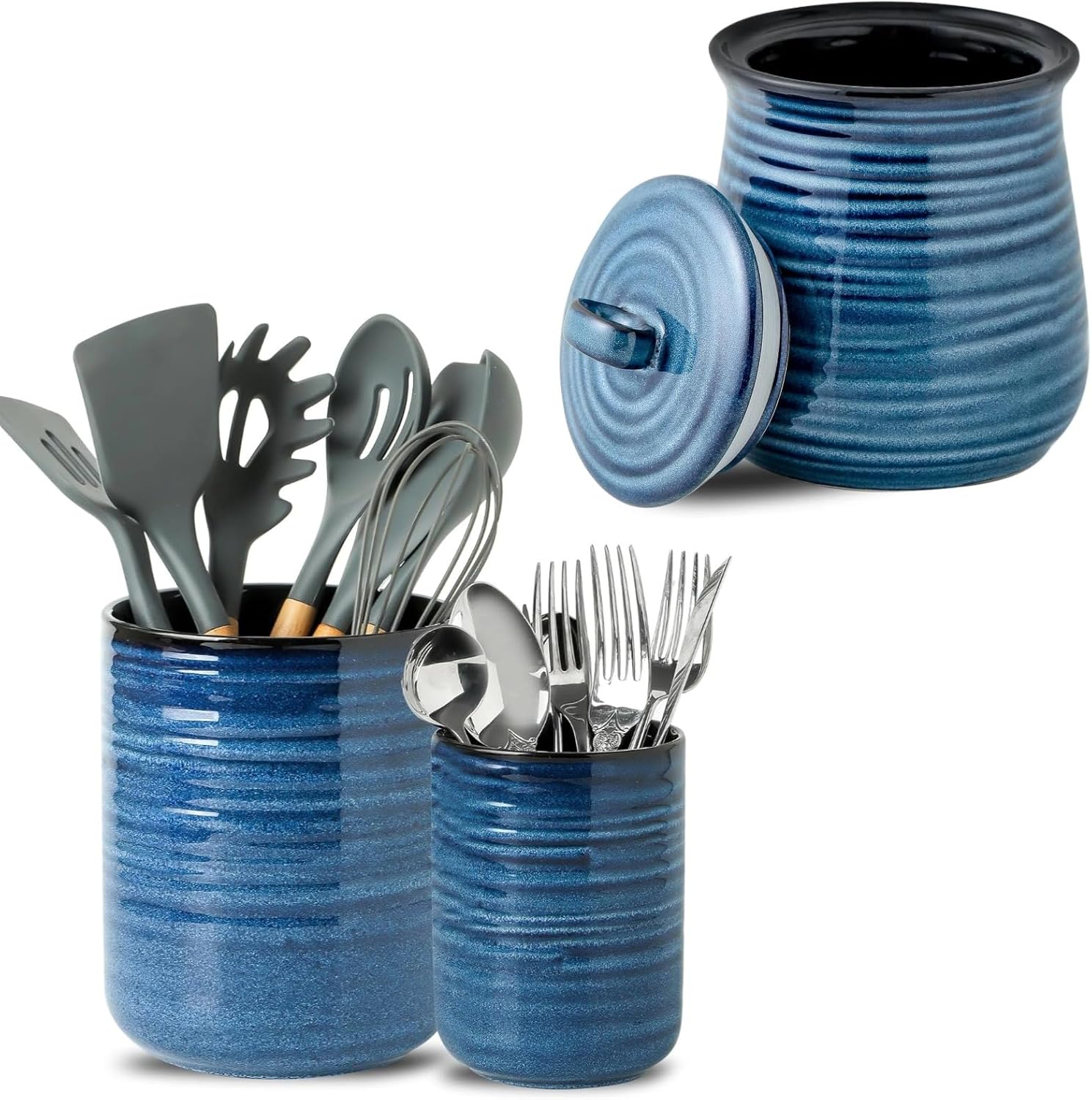 Blue Ceramic Utensil Holders and Food Jar Set