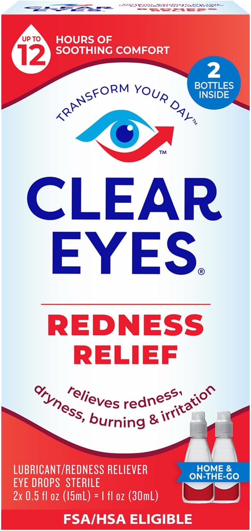 Clear Eyes Redness Relief Eye Drops, Whiten Eyes and Relieve Dryness, Burning and Irritation, 2 x 0.5 Fl Oz, Twin Pack