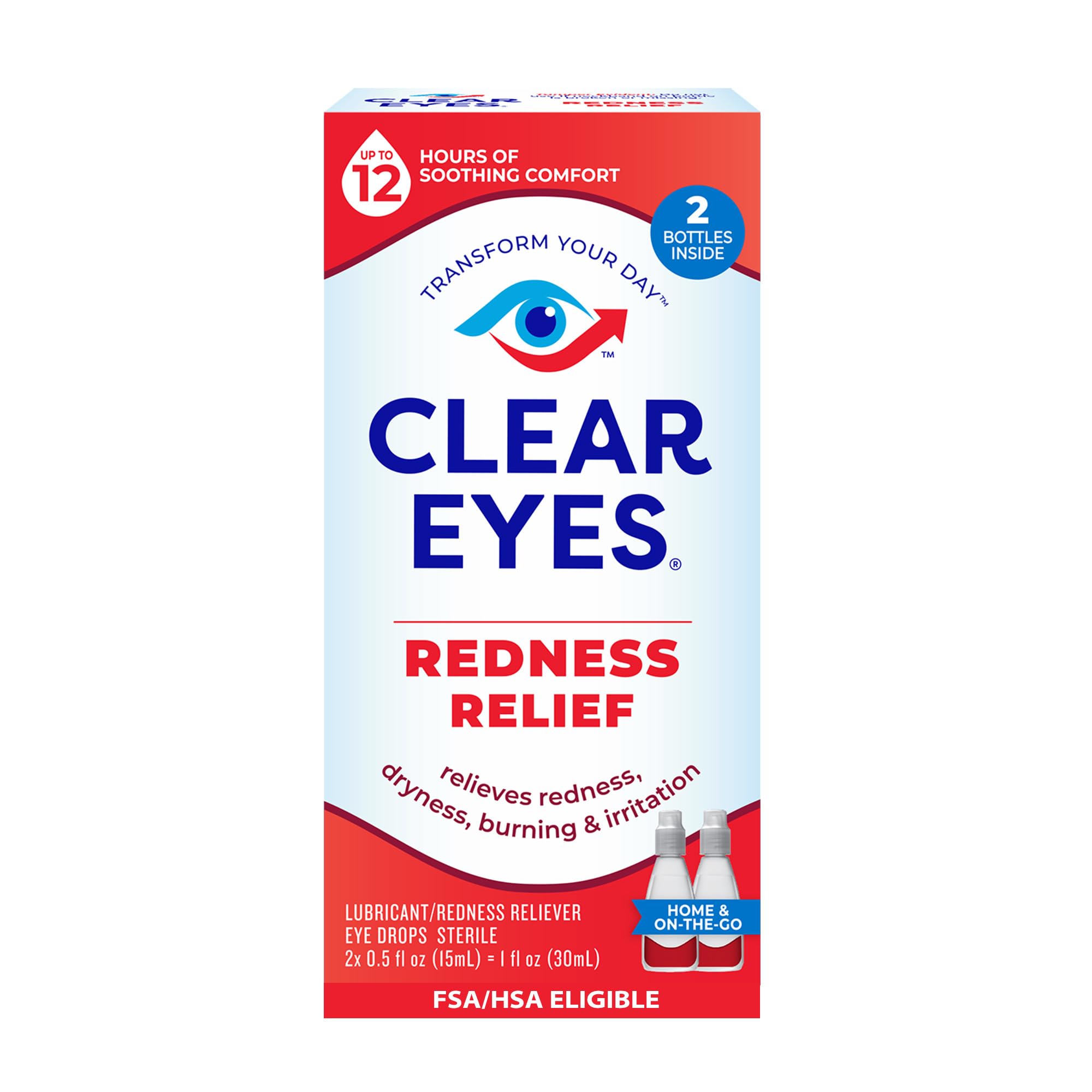 Clear Eyes Redness Relief Eye Drops, Whiten Eyes and Relieve Dryness, Burning and Irritation, 2 x 0.5 Fl Oz, Twin Pack