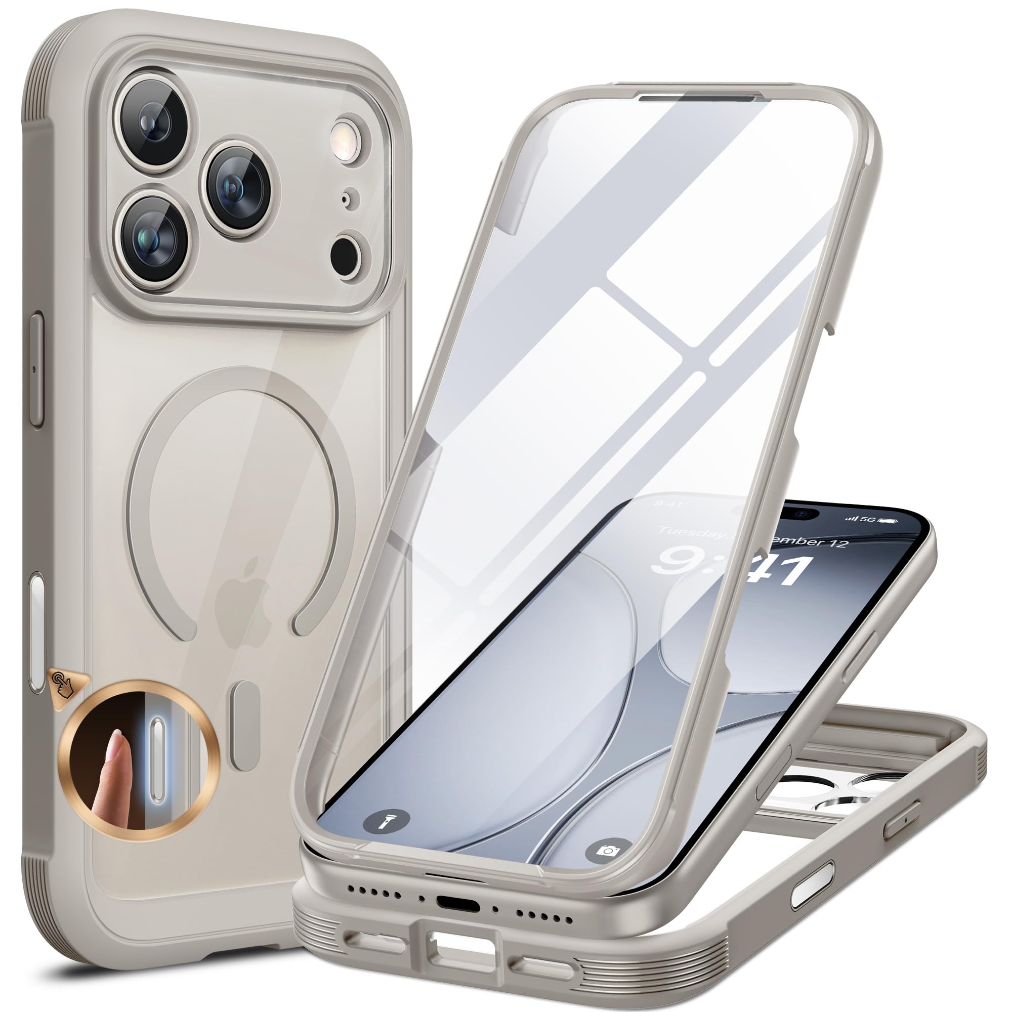 Photo 1 of Miracase Magnetic for iPhone 17 Pro Case 6.3" [Compatible with MagSafe] Full-Body Phone Case with Built-in Glass Screen Protector & Camera Control,Drop Proof iPhone 17 Pro Cover, Grey Titanium