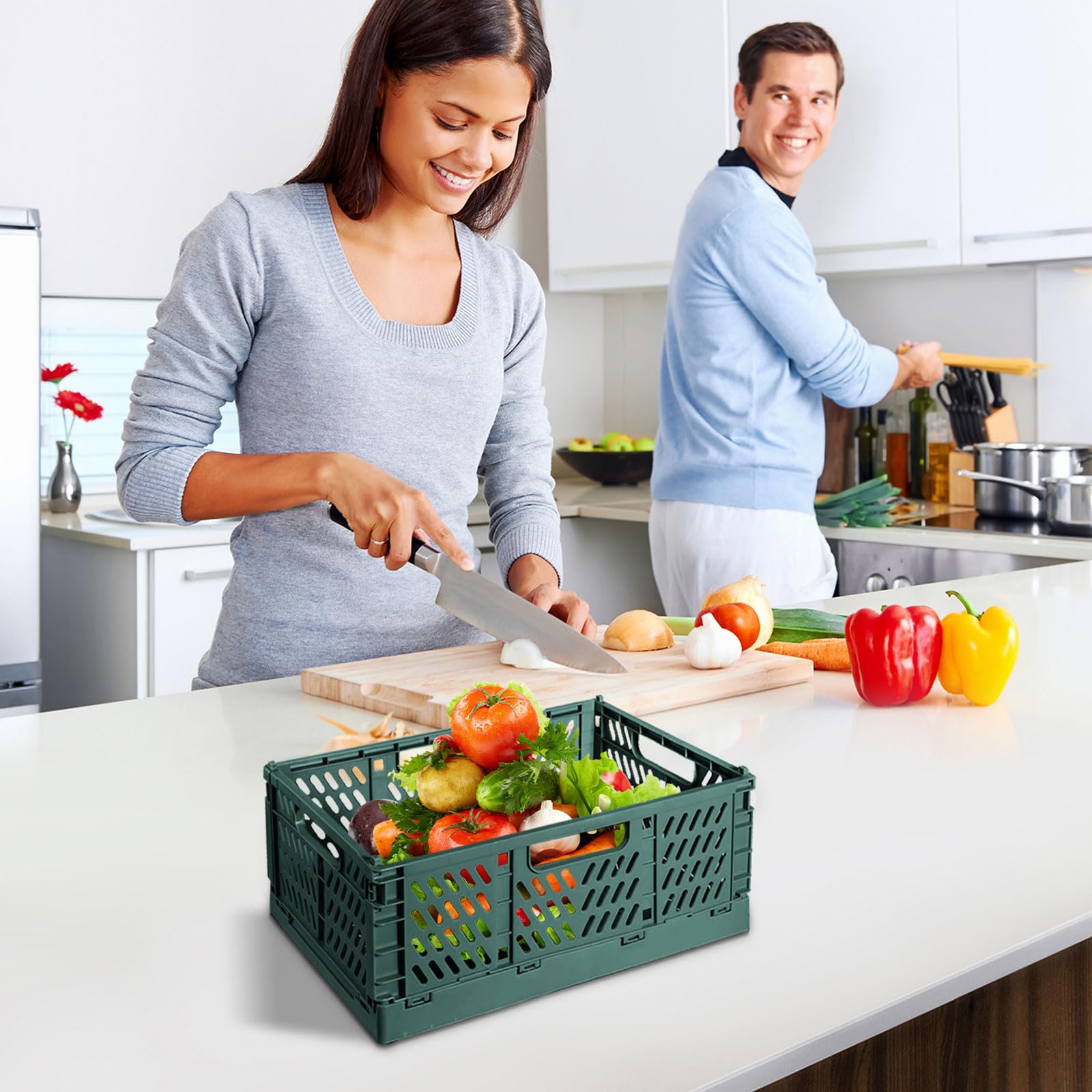 Set di 4 scatole pieghevoli in plastica robusta - Contenitore di stoccaggio impilabile - Per l'organizzazione della cucina, della camera da letto, dell'ufficio, del giardino (verde scuro + grigio, 48