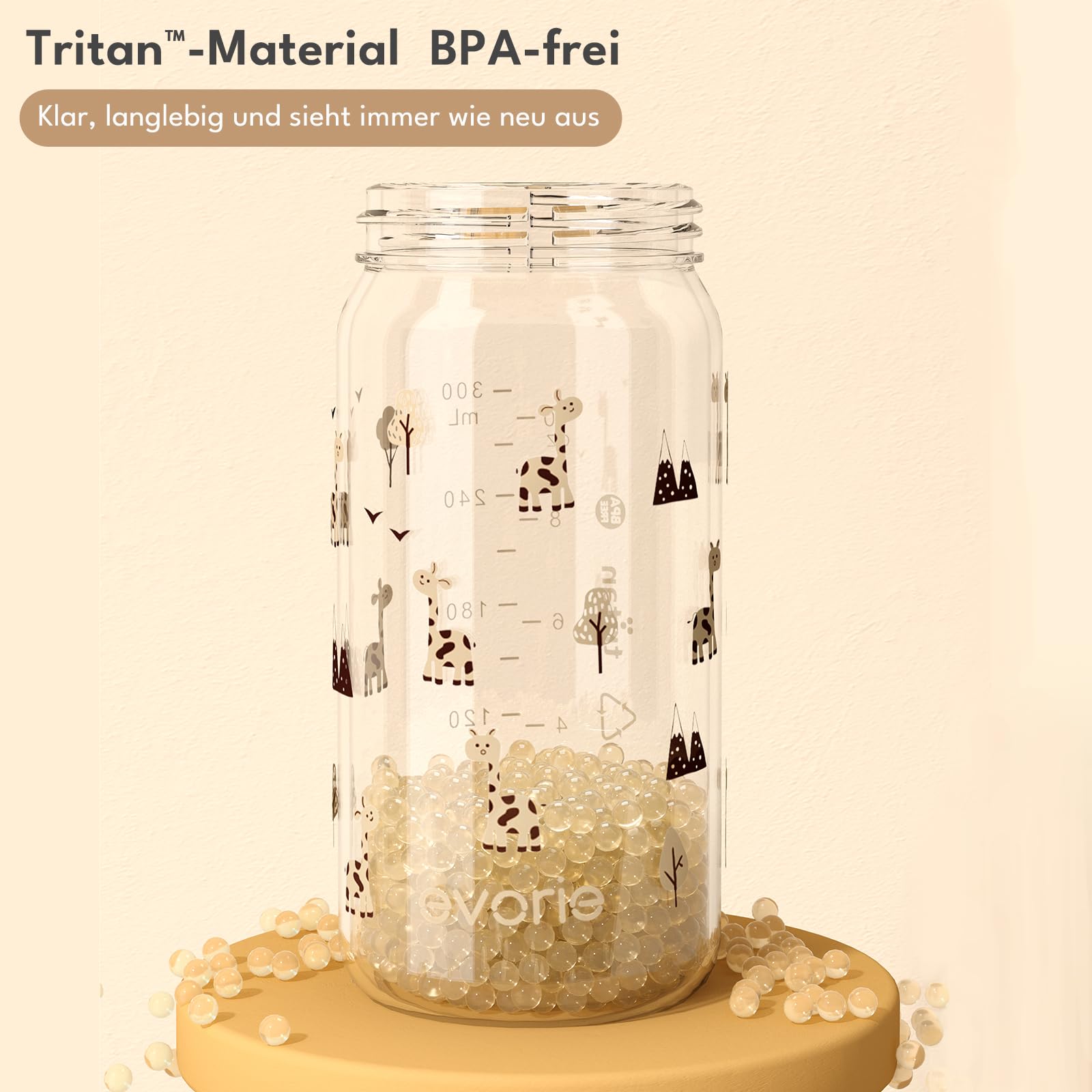 Evorie Tritan Trinkflasche mit Silikon-Strohhalm, auslaufsichere Strohhalm-Flasche für Kinder im Alter von 1-3 Jahren, 300 ml, abnehmbare Griffe, ideal für die Schule (Giraffe)