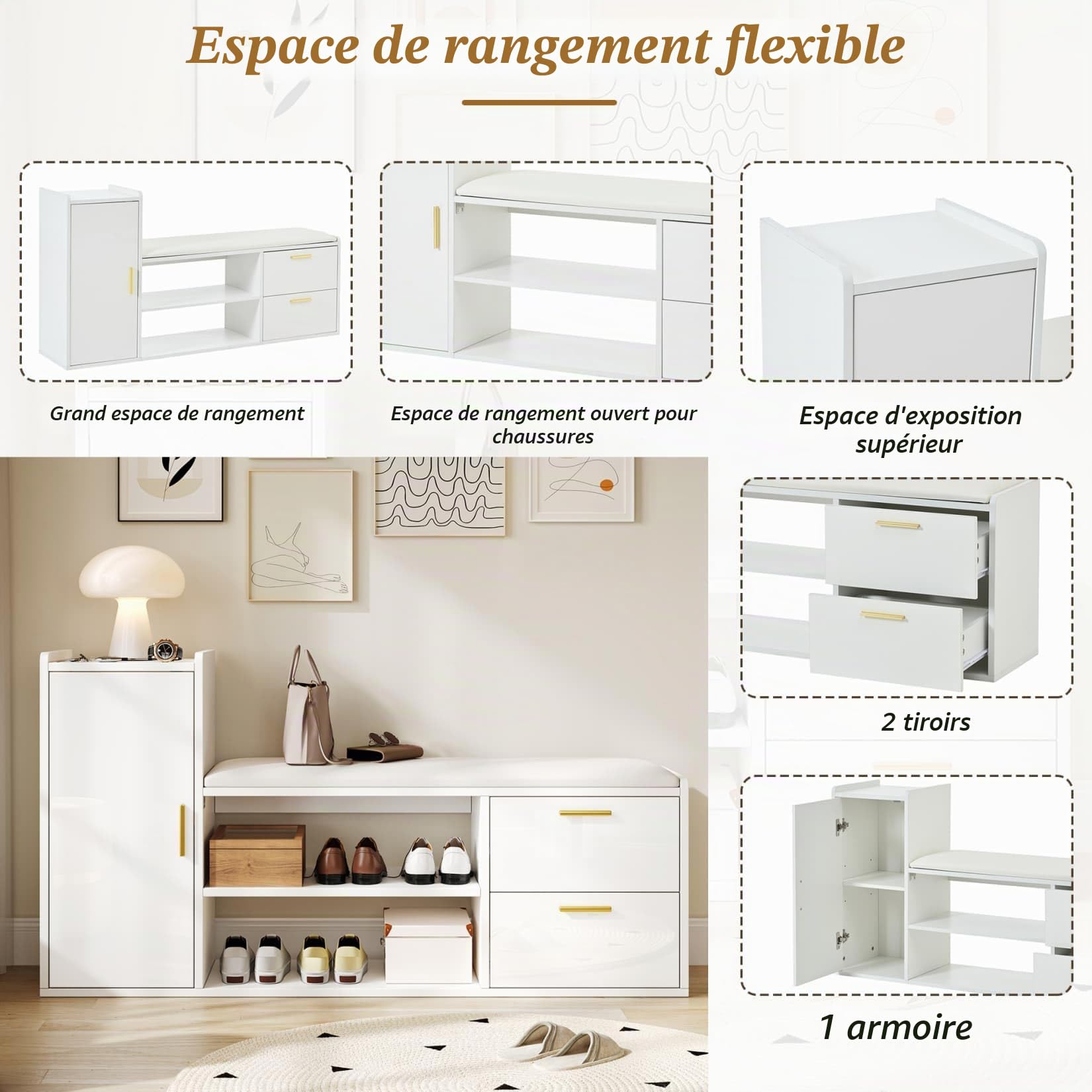 EURHCIO Meuble à Chaussures Mince 30x128x68cm,Rangement Chaussure avec Banc Rembourré,2 Tiroirs,Armoire,Étagères Ouvertes à Deux Niveaux,pour Entrée Salon
