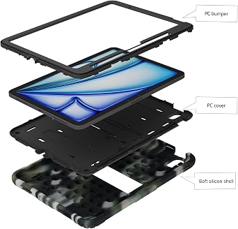 XZC for iPad Air 11 Inch Case 7th/6th Generation (M3/M2) 2025/2024, Heavy Duty Shockproof Protective Cover with Pencil Holder and Shoulder Strap (Camouflage)