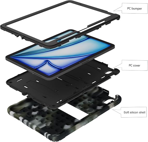 XZC for iPad Air 11 Inch Case 7th/6th Generation (M3/M2) 2025/2024, Heavy Duty Shockproof Protective Cover with Pencil Holder and Shoulder Strap (Camouflage)