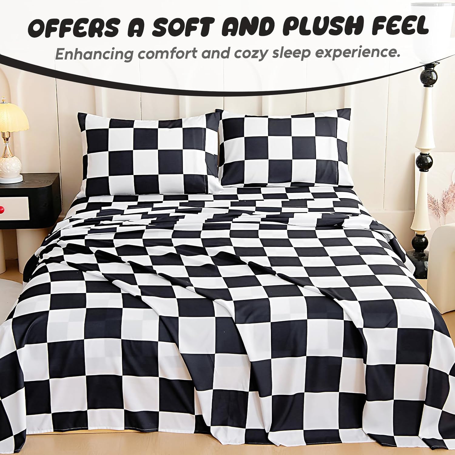 Twin Sheet Set Kids - Black&White Plaid 3 Pieces Soft Microfiber Cartoon Style Bedsheets for Boys Girls Teens, Oeko TEX Breathable 15 Inch Deep Pocket Sheets(Chequered Flag)