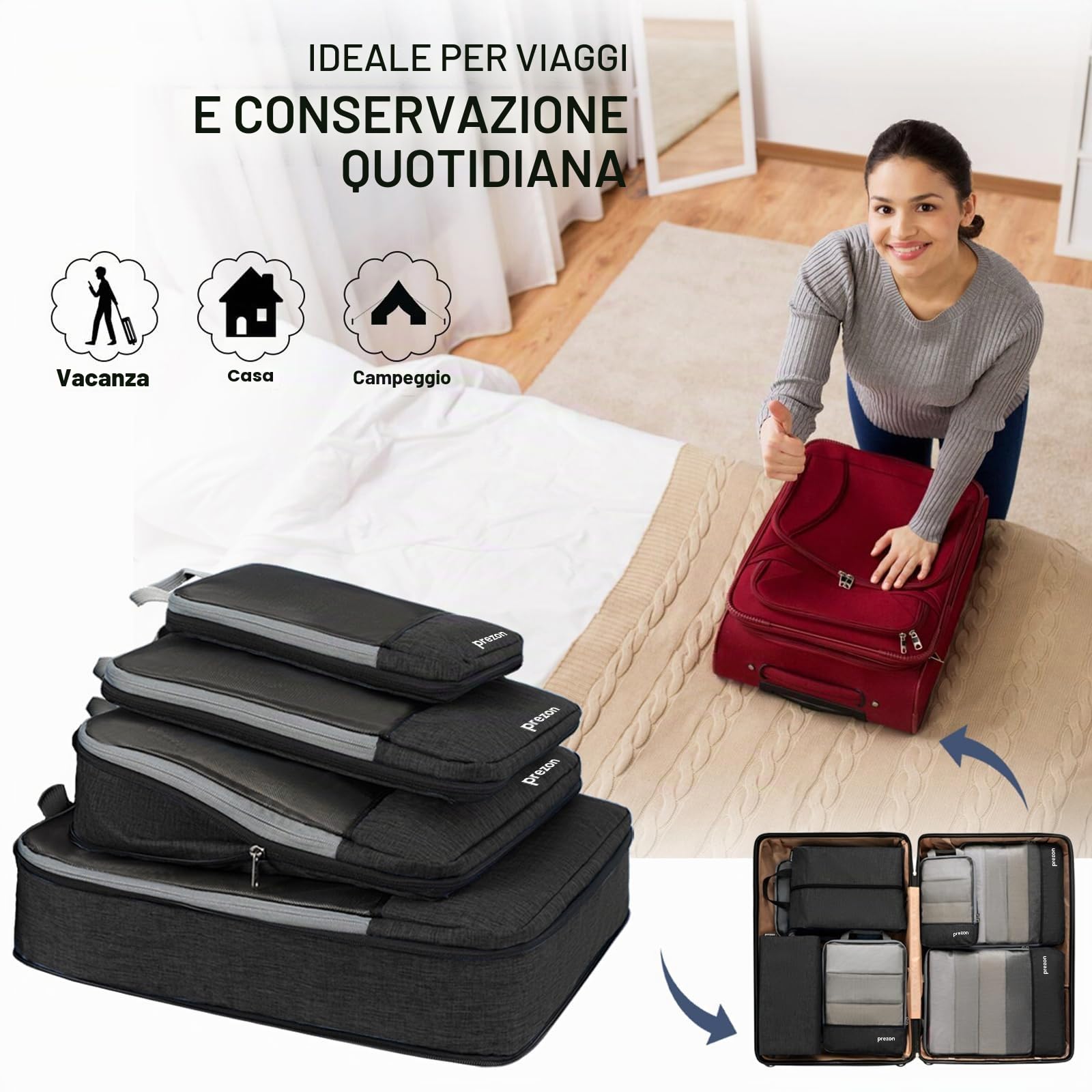 Cubi da viaggio compressibili, set di 4 organizer per valigie, organizer estensibile per valigie, organizer per valigie, cubi da viaggio per viaggi o per riporre oggetti a casa, Nero