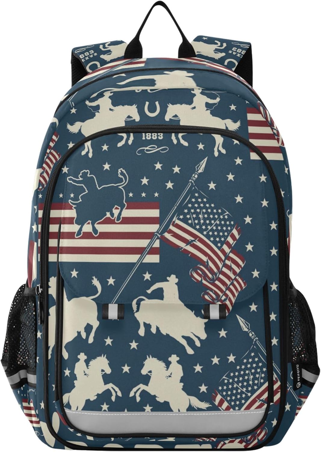 Cowboys Riding Bulls Horse Riders American Usa Flags Backpack School Bag Lightweight Laptop Notebook Tablet Backpack Students Travel Bookbag with Reflective Stripes
