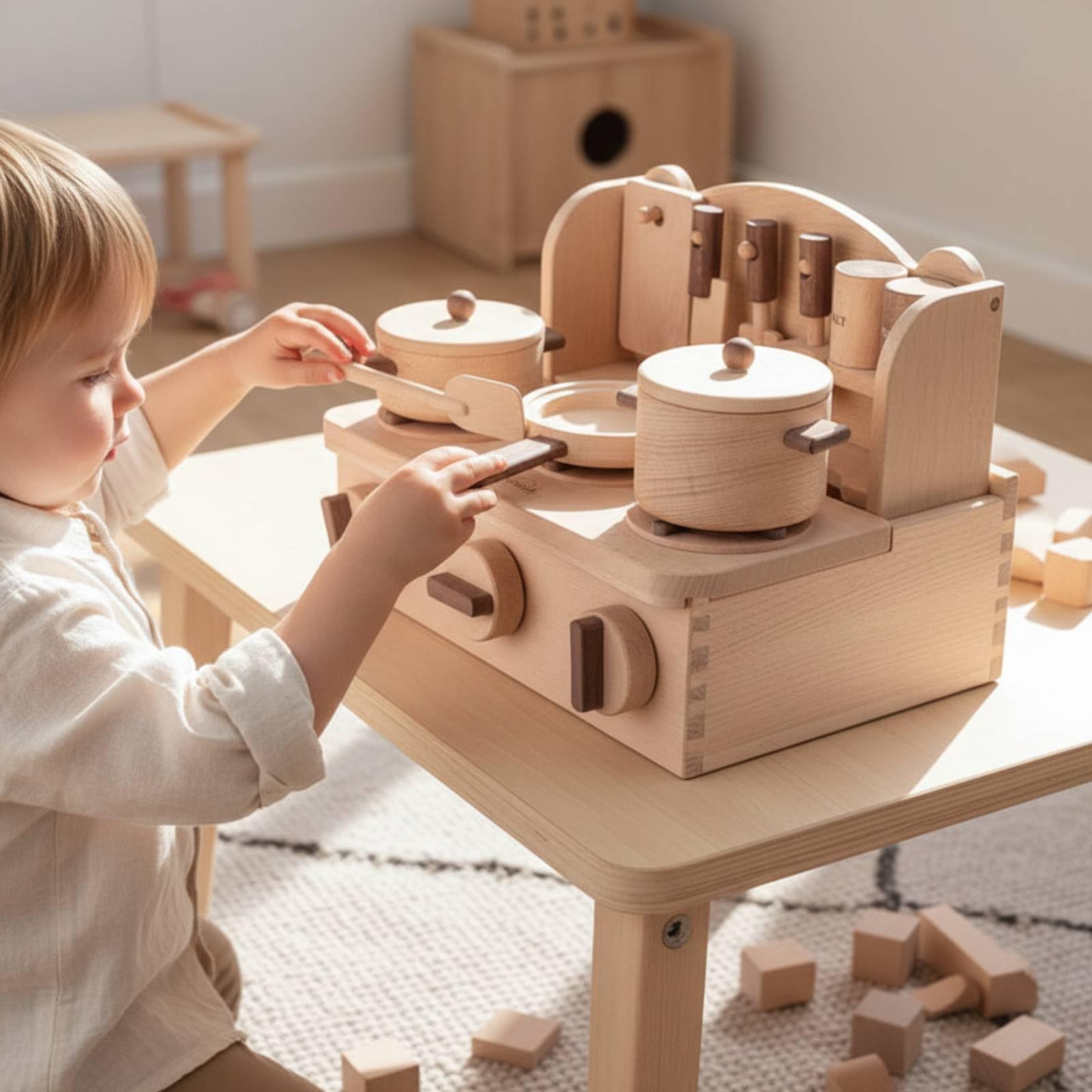 Cucina Giocattolo in Legno per Bambini Cucina Finta Mini Cucina Piano Cottura Pentole Utensili Barattoli Spezie Aspetto Classico in Legno Adatta per Gioco Creativo Casa Centro Infanzia Regali