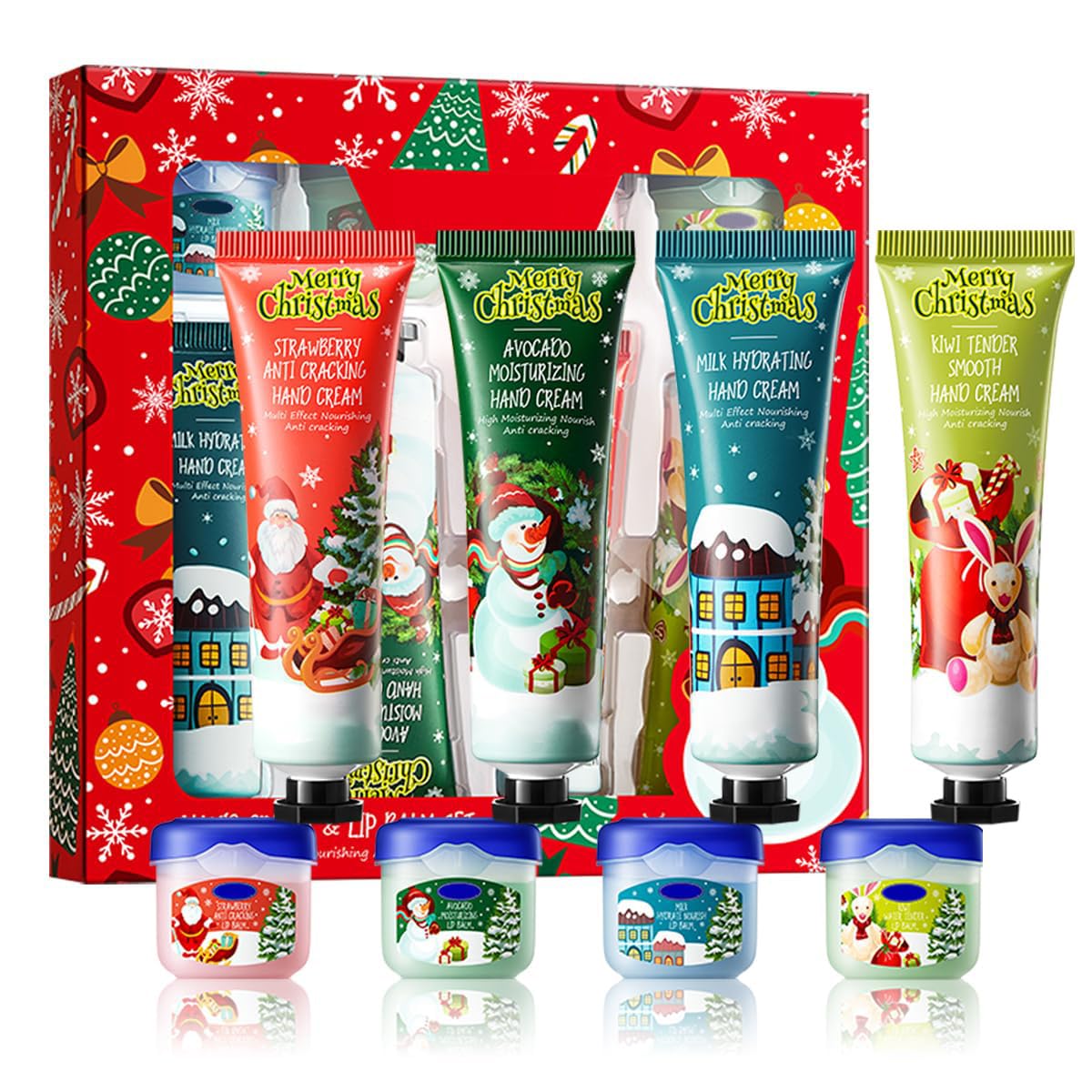 8Pcs Christmas Hand Cream & Lip Mask Gift Set, Holiday Collection with Strawberry Avocado Milk Kiwi Moisturizing Formulas, Anti-Cracking Treatment for Dry Skin Deep Moisture, Moisturize Lips