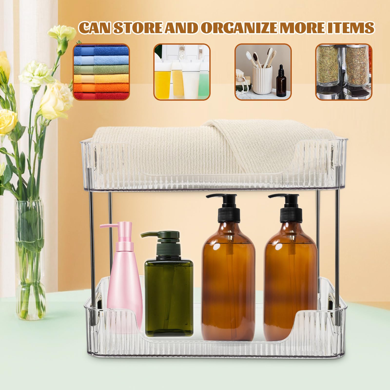 Organizer Bagno Doppio Ripiano Trasparente Portaoggetti Cosmetici Resistente e Spazioso per Lavabo e Toeletta Salvaspazio per Shampoo Detergenti e Prodotti Viso
