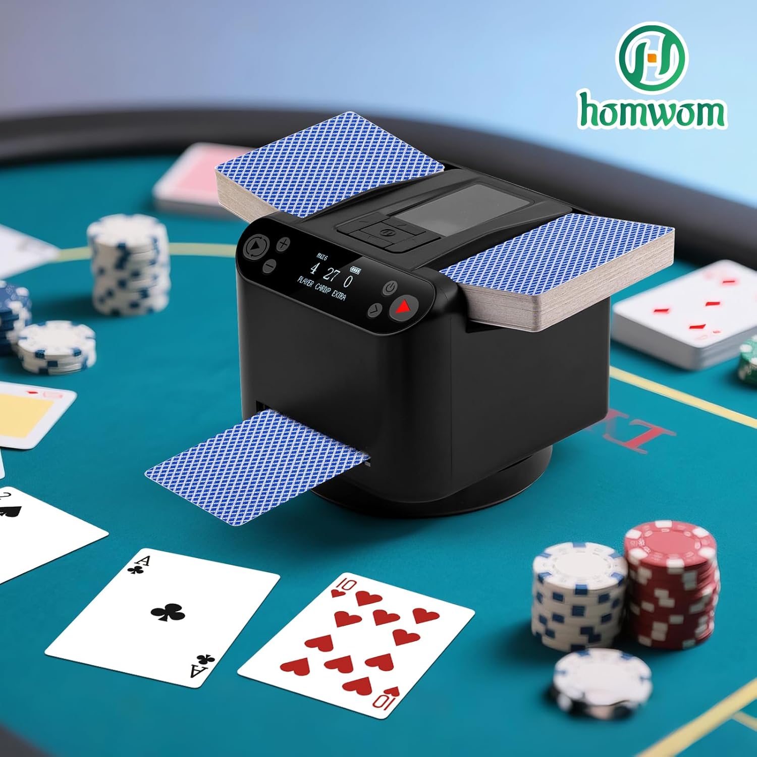 Automatic Card Shuffler and Dealer 2-in-1 with Extra Gift 100PCS Poker Set and Casino Felt - Support 12 Players, 4 Drawing Remotes, Built-in Gameplays, 360°/180° Deal, 2 Decks for Poker, UNO, Phase 10