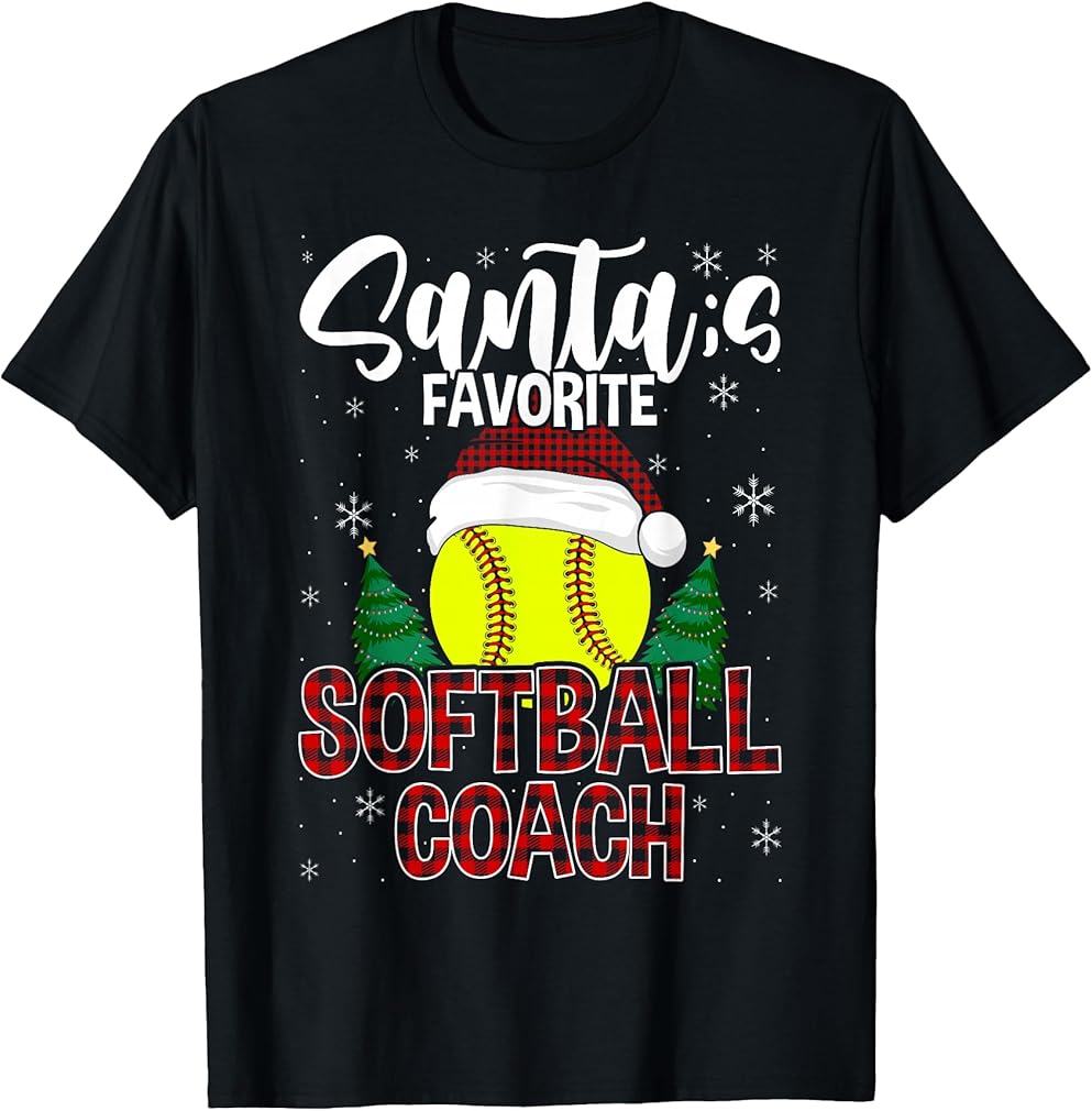 Funny Santa's Favorite Softball Coach Christmas Plaid Xmas T-Shirt