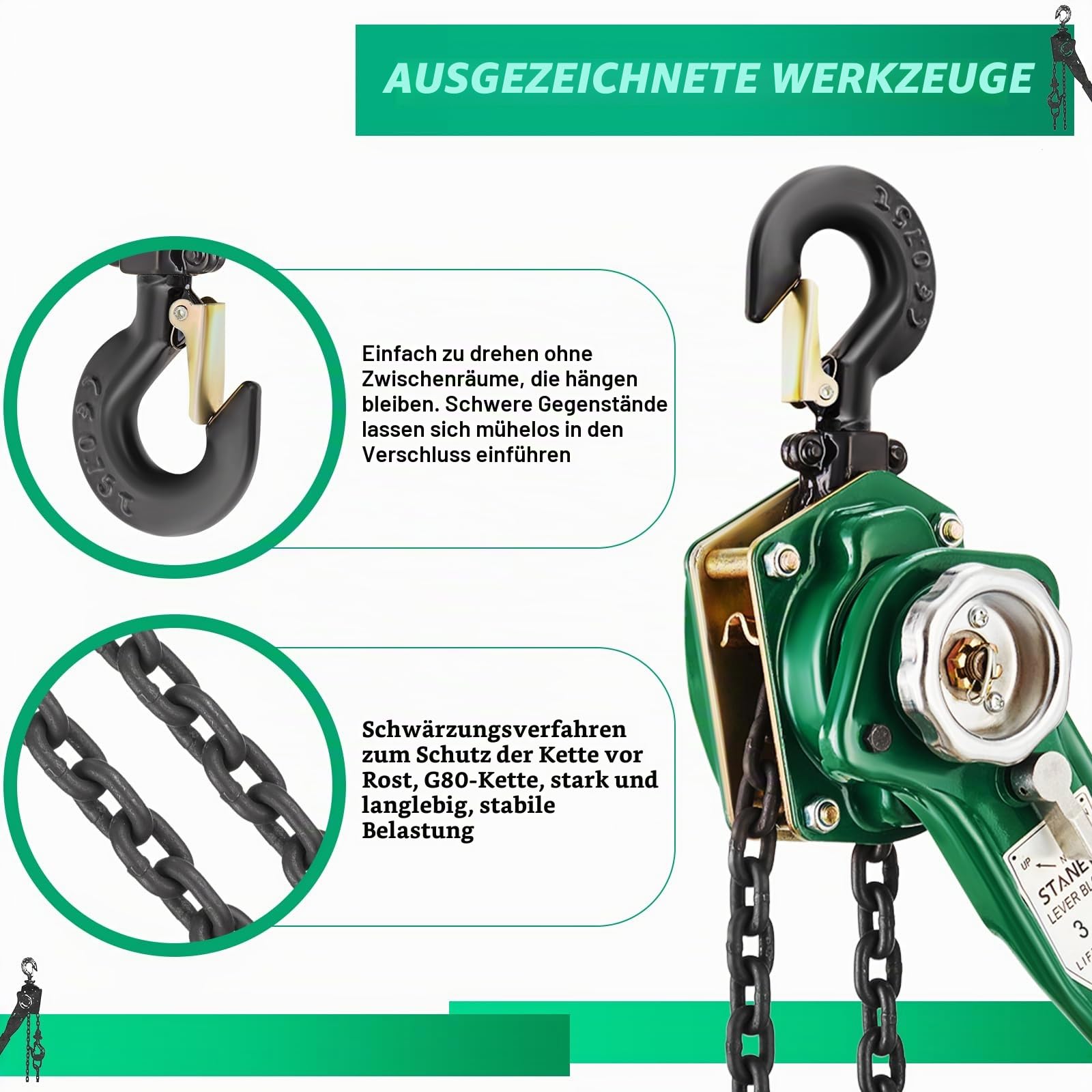 STANEW Hebelzug Kettenzug 3t, Hubhöhe bis 2,8m, Kette aus robustem Carbonstahl G80, mit 360° drehbarer Haken
