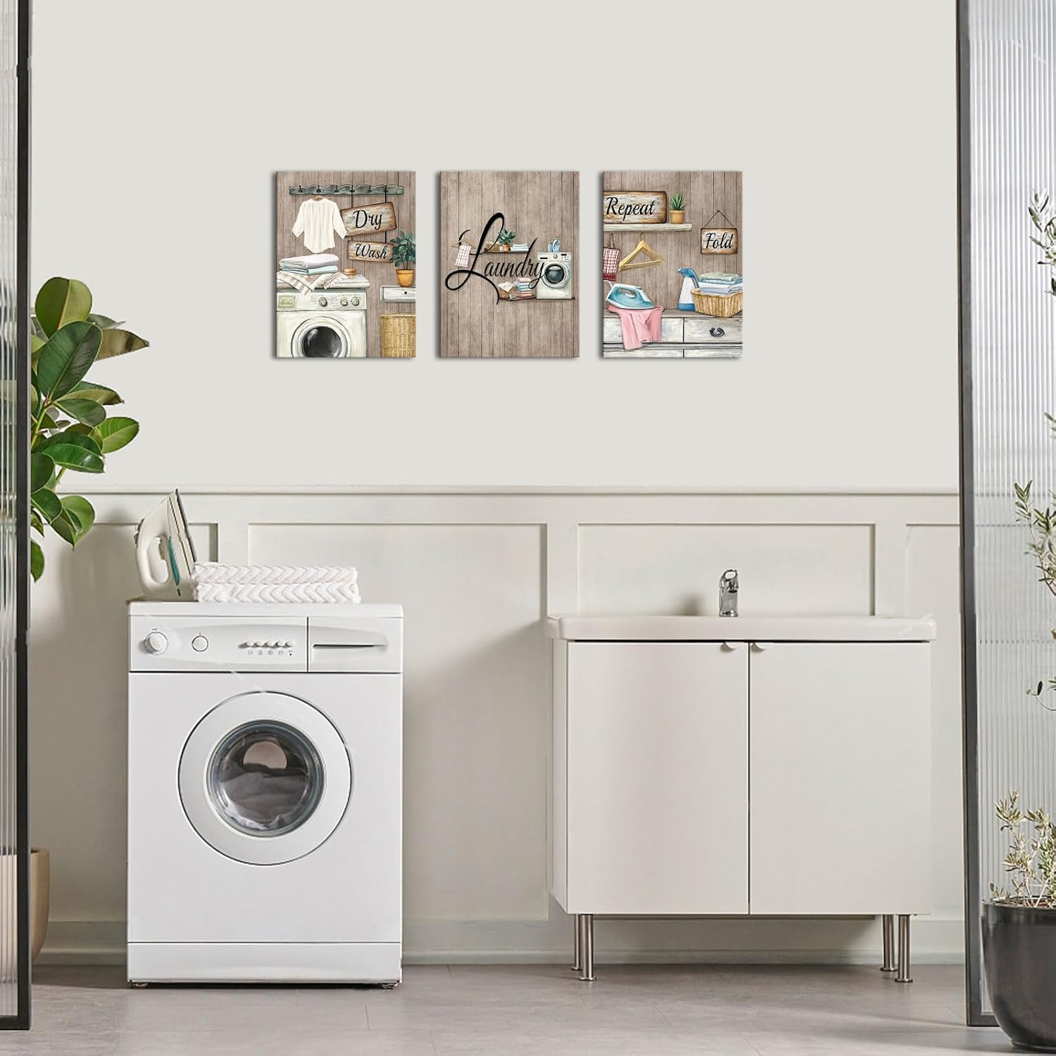 PoGoXiPoYo 3 Pieces Laundry Room Wall Art Canvas Prints Wash Dry Repeat Fold Laundry Signs Pictures Rustic Wall Decor Ready to Hang Brown 12"x16"x3