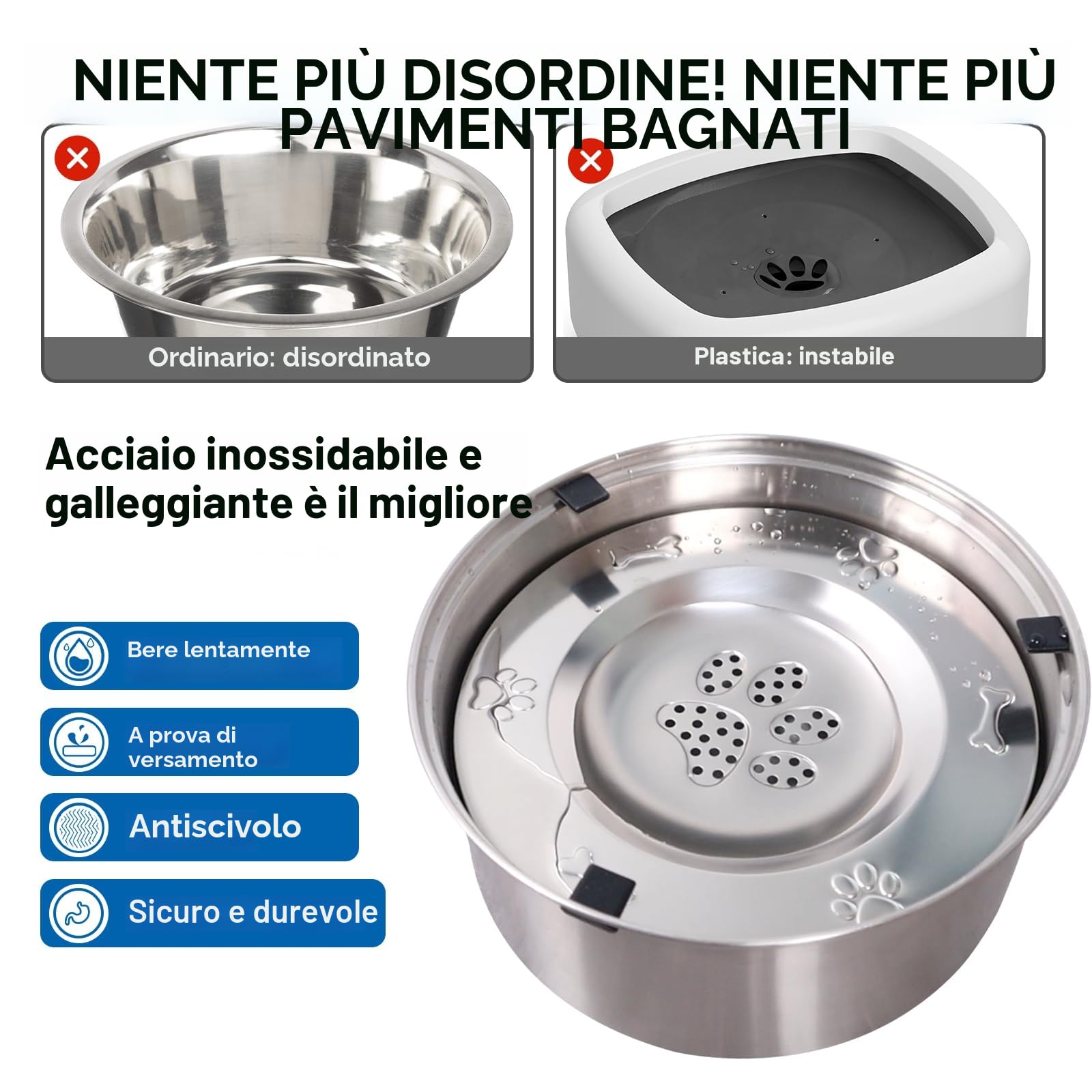 Ciotola d'acqua per cani, 3 l, grande capacità, in acciaio inox, anti-fuoriuscita, erogatore di acqua per cani a bere lentamente, per animali domestici (non include fliter)