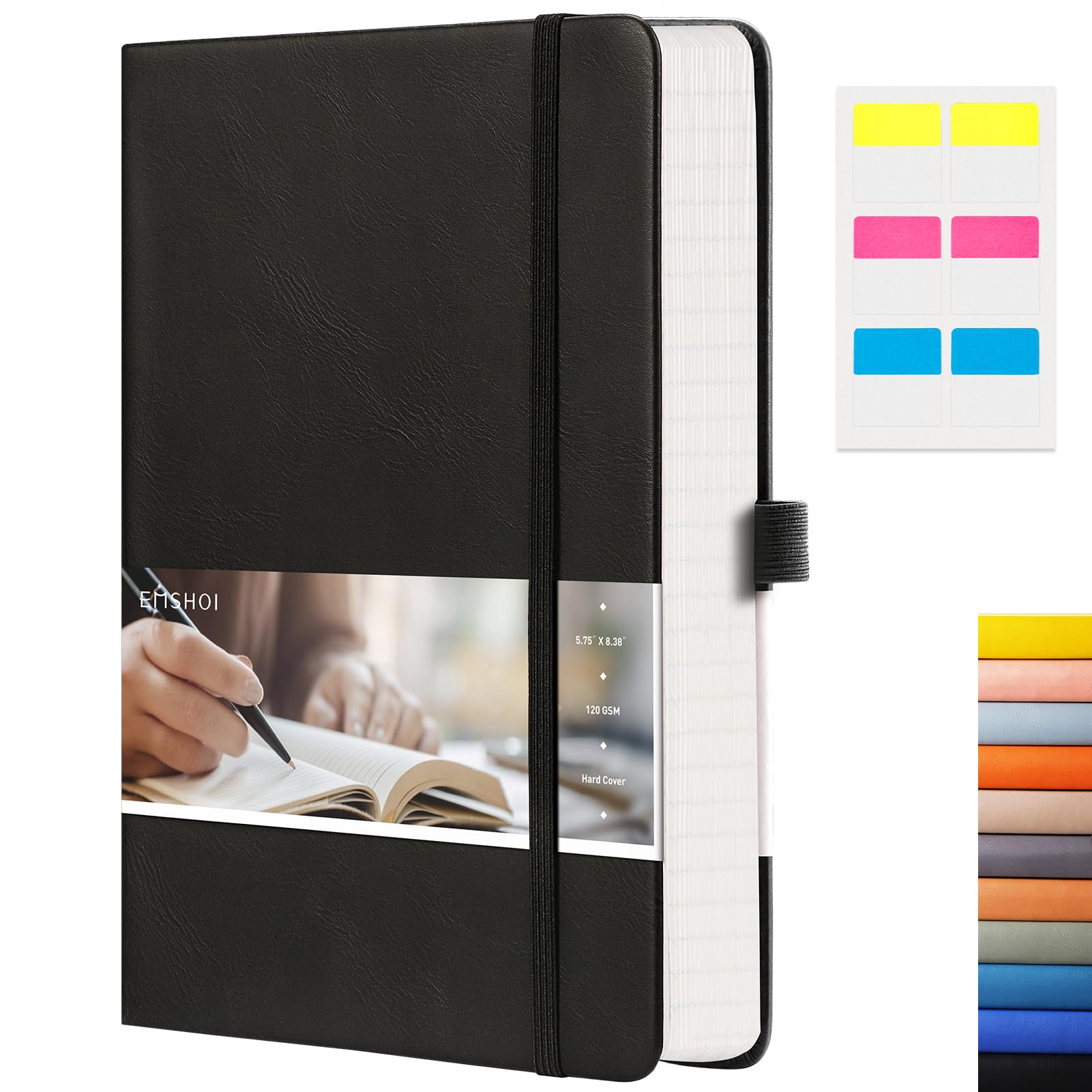 EMSHOI Lined Journaling Notebooks - 120gsm Thick Leather Journal with Sticky Notes, 256 Numbered Pages A5 Hardcover College Ruled Notebook for Women Men Work School Writing, 5.75" x 8.38"-Black