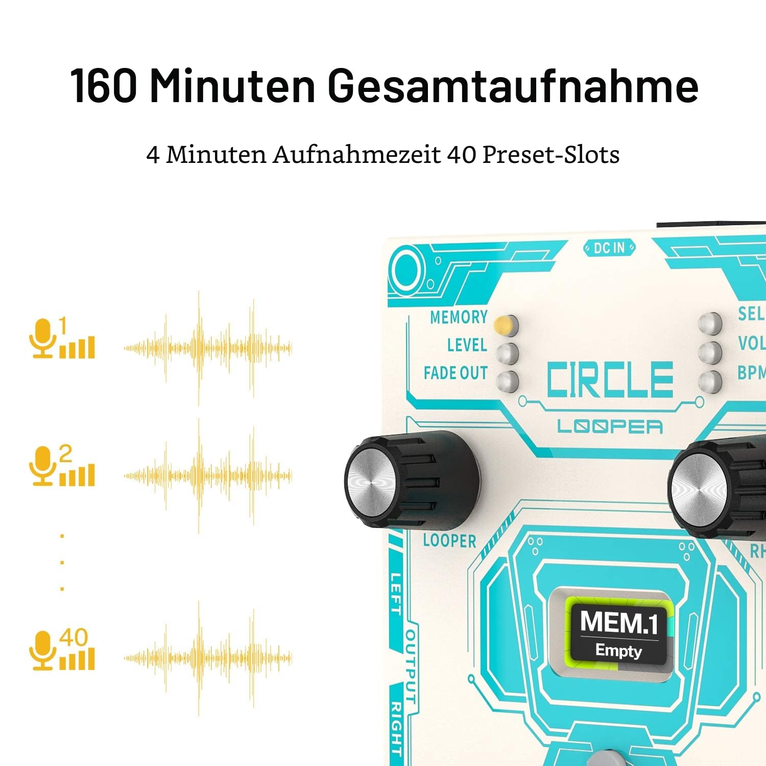 Donner Circle Looper Record Gitarren Effektpedal mit Time Progress Bar Display Loop Pedal Max. 4min Aufnahmezeit für jede Schleife, 160 Minuten Gesamtaufnahmekapazität, Unbegrenzt Overdubbing