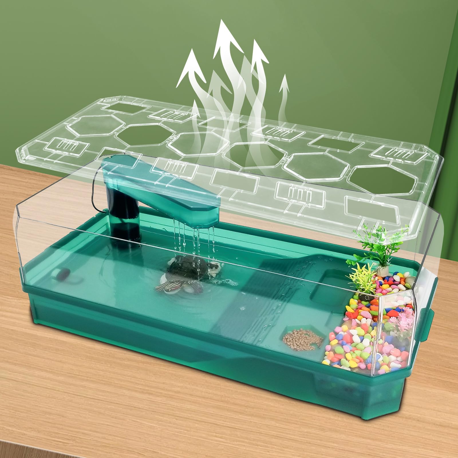 Wedoelsim 17.7" Reptile Habitat: All-in-One Terrarium for Turtles, Horned Frogs, Hermit Crabs, and Small Reptiles - Featuring Pump, Filter, Shower Function, and Easy Water Change