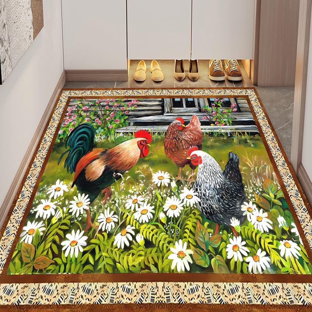 Rustic Chicken Rooster Rugs 4x6 Feet Farmhouse Rooster Indoor Decorative Carpet for Laundry Room Dining Room Entryway Non-Slip Flowers Chicken Area Rug