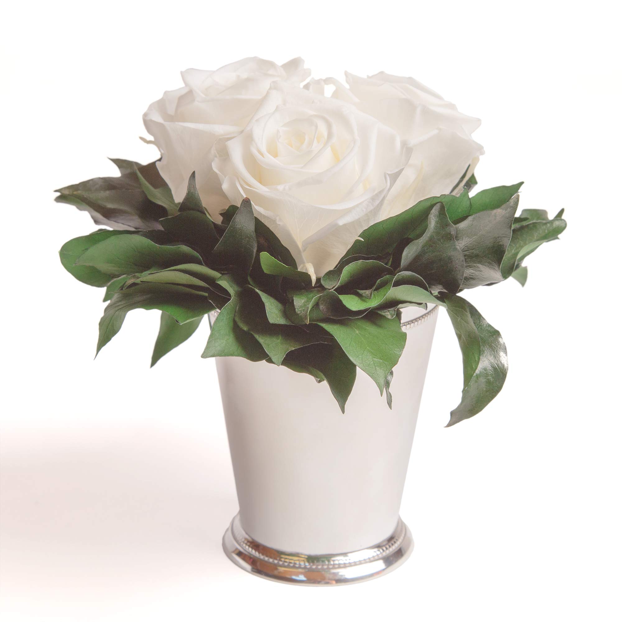 Infinity Blumen in silberfarbenen Becher 3 ewige Rose konserviert weiße Blumendeko Tisch (Weiss, 3 Rosen)