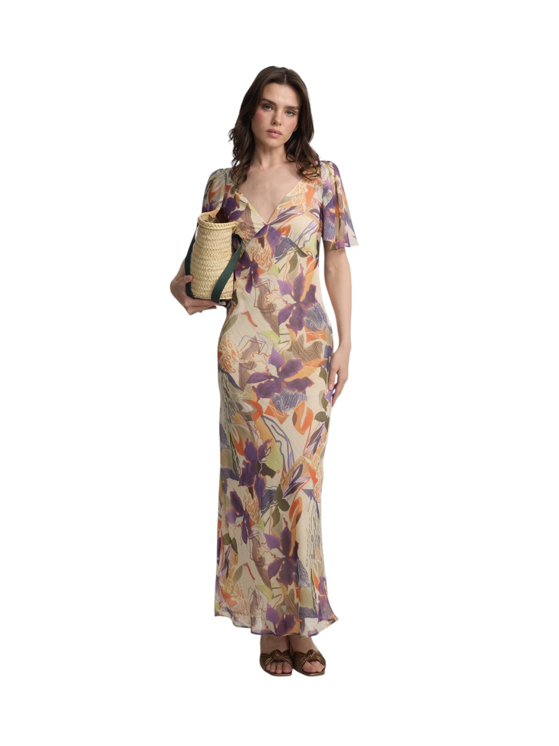 SILBON Vestido Largo Estampado Flores Manga Corta para Mujer