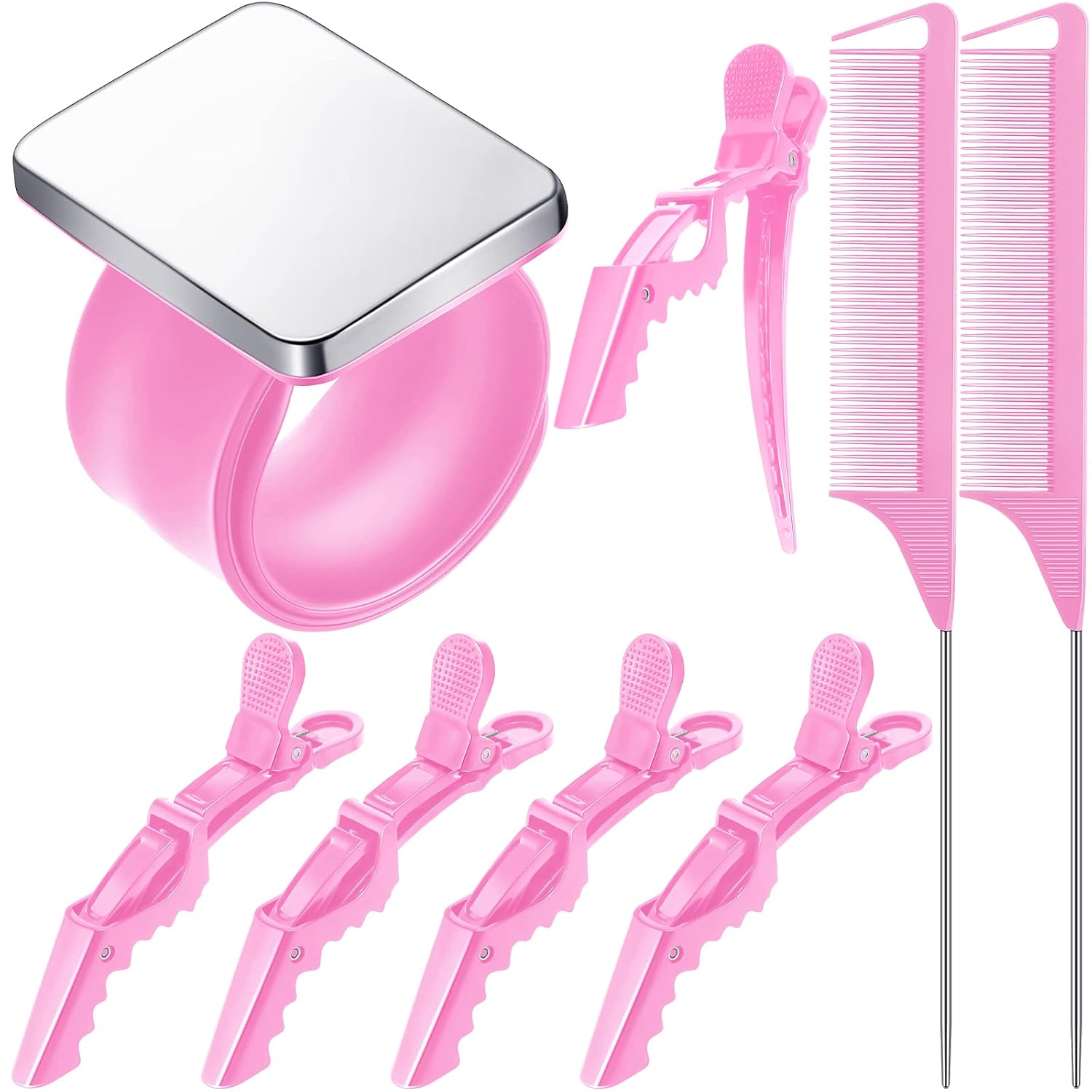 Magnetic Wrist Sewing Pincushion Pin Holder Wristband Pin Cushion Holder with 2 Pieces Stainless Steel Pintail Rat Tail Comb, 5 Pieces Wide Teeth Alligator Sectioning Hair Clip for Hair Sewing (Pink)