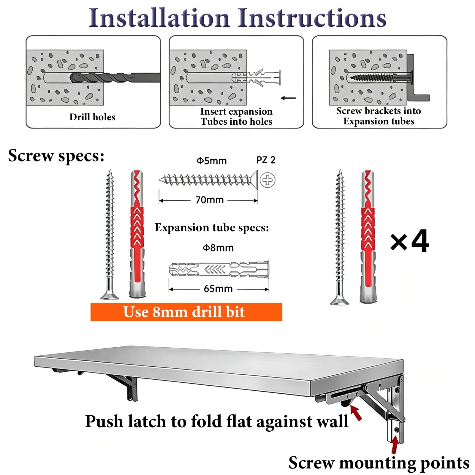 Mesa Plegable Pared con 2 Soportes Escritorio Plegable Pared Acero Inoxidable 304 (Espesor de 0,5mm) Capacidad de Carga de 40kg Mesa Abatible para Cocina Balcón Baño(60x40cm/23.6x15.7in)