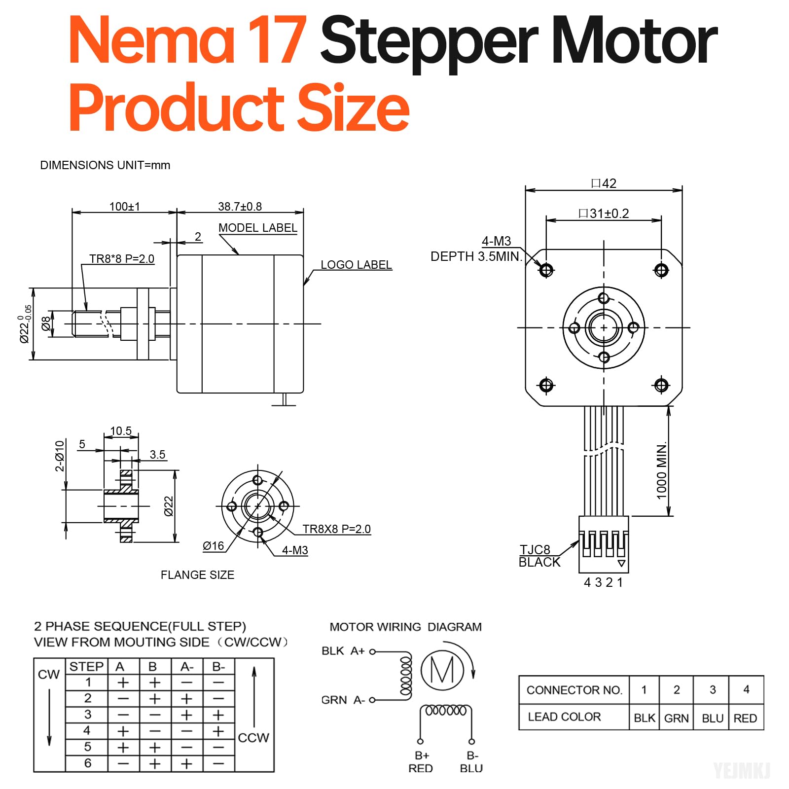 Lot de 5 moteurs pas à pas Nema 17 TR8 x 8 100 mm avec vis T8 2 phases 1,8 ° Couple élevé 0,44 Nm 1,7 A 2,2 Ω Bipolaire 42 x 39 mm Câble 4 fils 1 m pour imprimante 3D DIY Robot Machine CNC