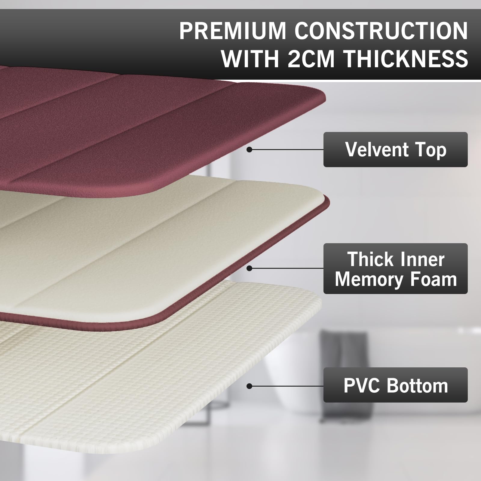 wyewye Memory Foam Bath Mat 60x90 cm Wine - Ultra-Soft, Non-Slip, Super Absorbent Bathroom Rug, 90 x 60 cm (Rectangular) - Image 3
