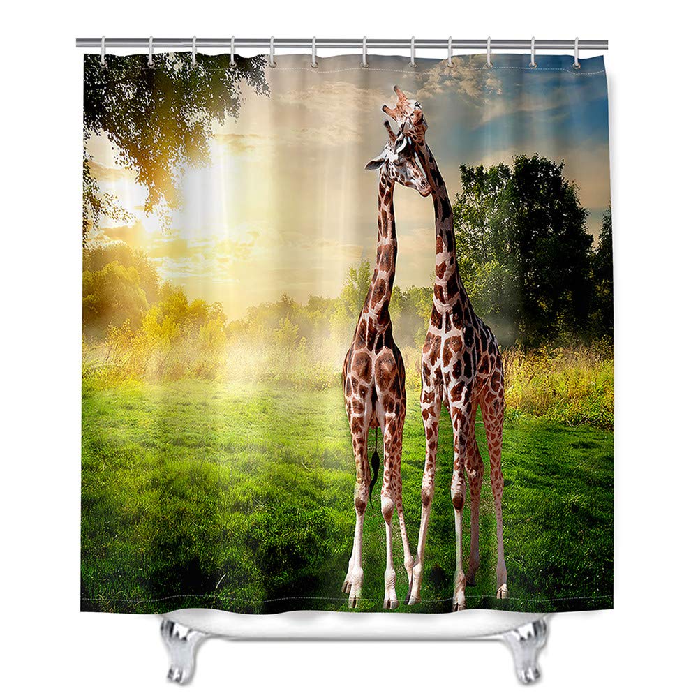 Meiju-Shop Green Lawn Shower Curtain Waterproof Stain Proof Resistant Bathroom Curtain, Meiju 3D Giraffe Animal Printed Polyester Washable Quick Dry Curtain With 12 Hooks For Shower Stall (,120X180cm)