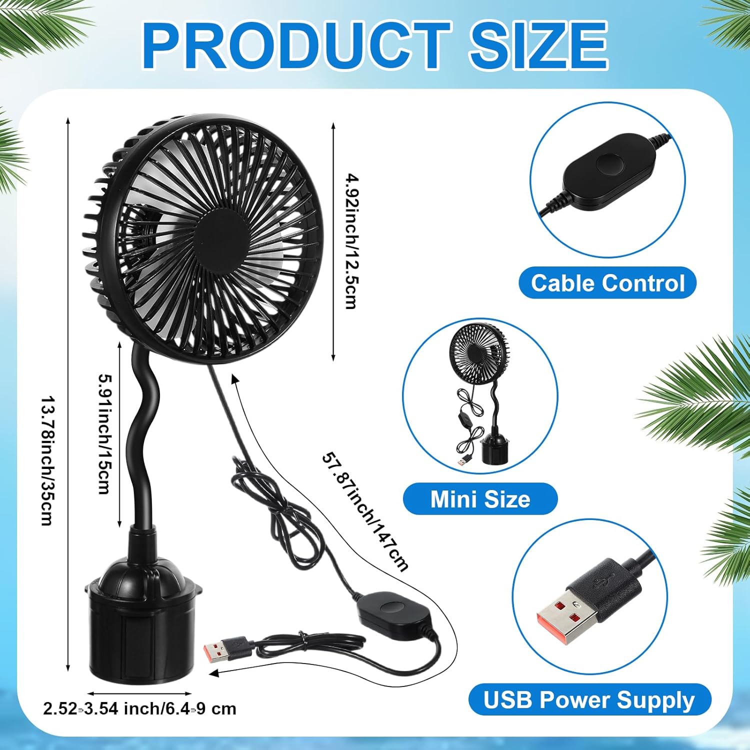 2pcs USB Powered Fan for Car Portable Vehicle Cooling Fan Mounted in Cup Holder 3 Speeds 360 Rotation with Flexible Gooseneck Adjustable Base Car Accessories for Truck SUV RV Supply