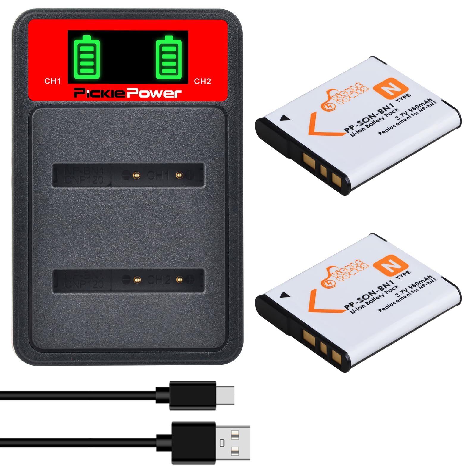 Pickle Power 2Pcs NP-BN NP-BN1 Battery with Dual Charger for Sony DSC-W800 DSC-W830 DSC-WX220 DSC-W810 DSC-W320 DSC-QX100 DSC-QX10