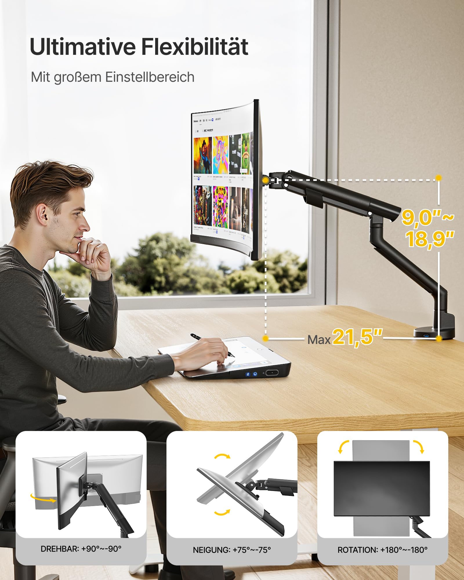 monTEK Monitor Halterung für 17-40 Zoll Bildschirm mit USB, Schwarz | Tragfähigkeit 11KG, Stabil, Höhenverstellbare Gasdruckfeder Monitor Arm mit Klemmschelle/ Tischdurchführung, VESA 75/100mm