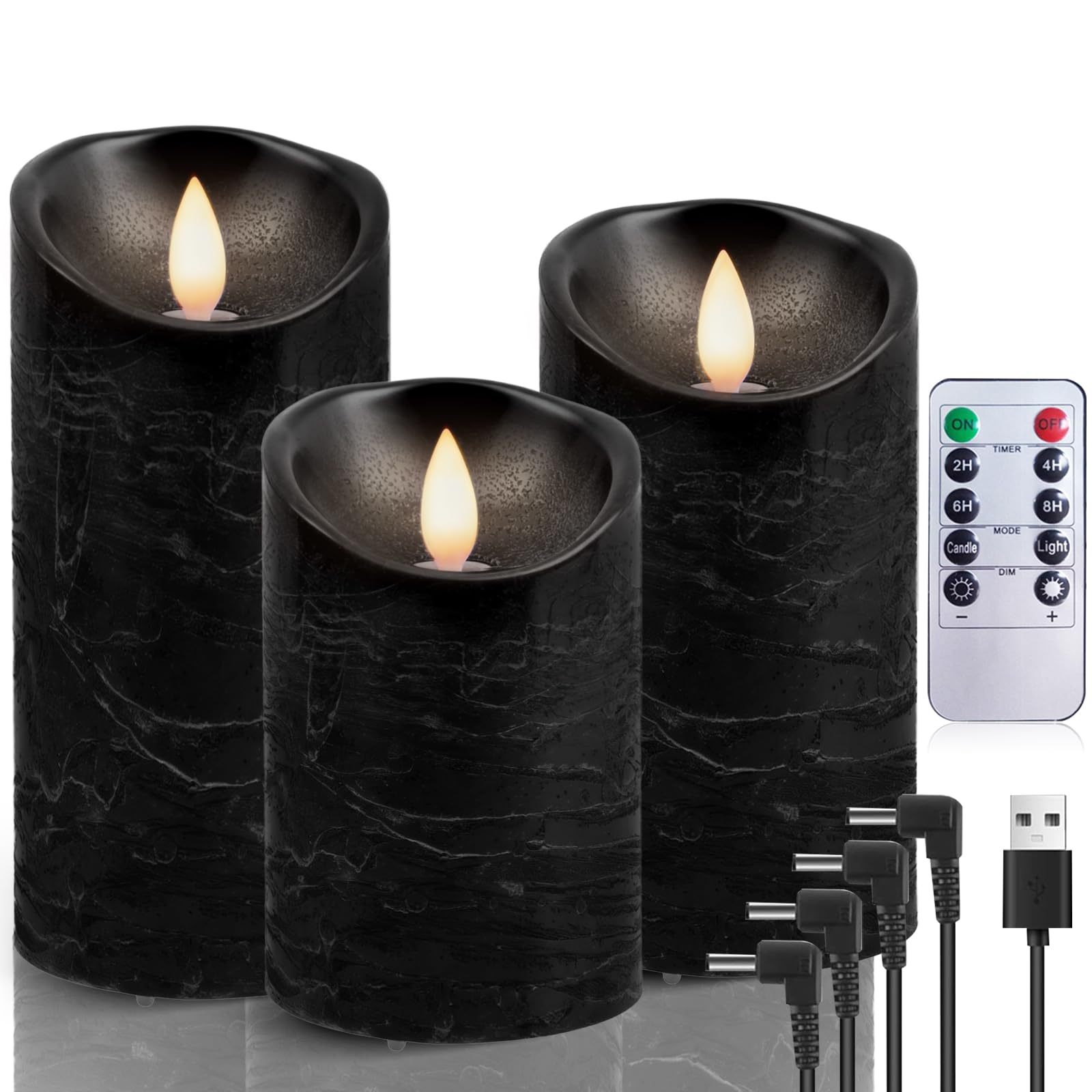 AiiBowy LED Candles Rechargeable USB [Set of 3] - with Remote Control, Flickering, Timer, Flameless - LED Candles for Halloween Christmas Wedding Birthday Party Decorations (Black)