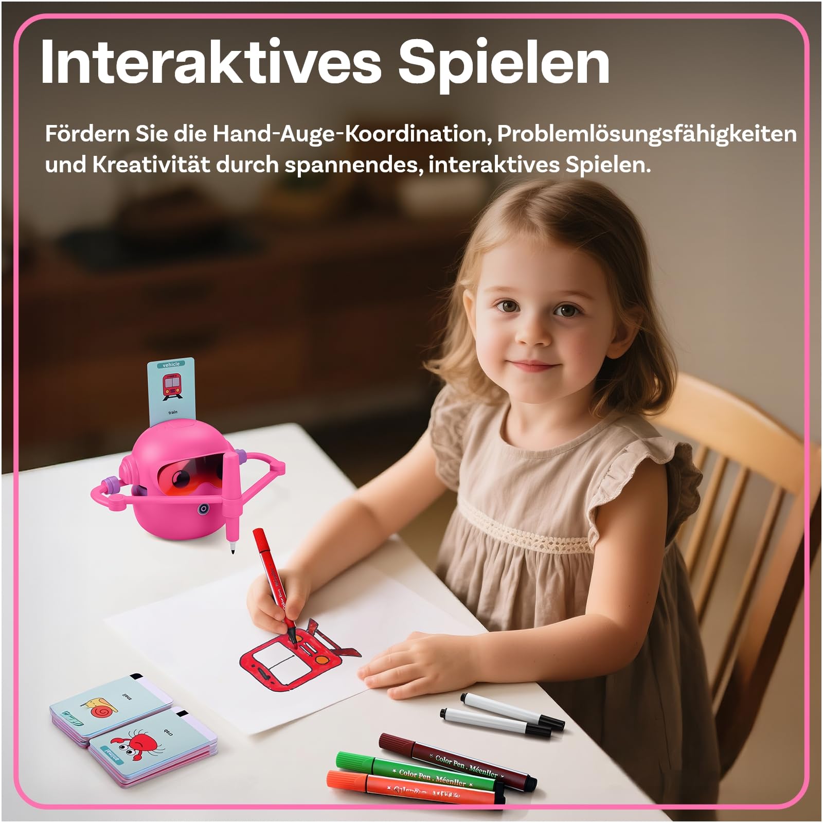 Zeichenroboter für Kinder von MMOBIEL – Malroboter Interaktives Lernspielzeug mit 100 Zeichenkarten, Sprachanleitung, 12 Farbstiften & USB-C Akku – Kreatives Geschenk für Kinder von 3–9 Jahren – Rosa