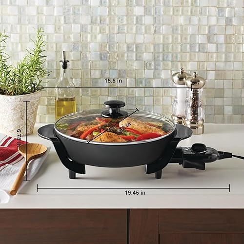 Miniatura 2 de PEtbon Sartén eléctrica antiadherente redonda de 12 pulgadas con cubierta de vidrio, color negro