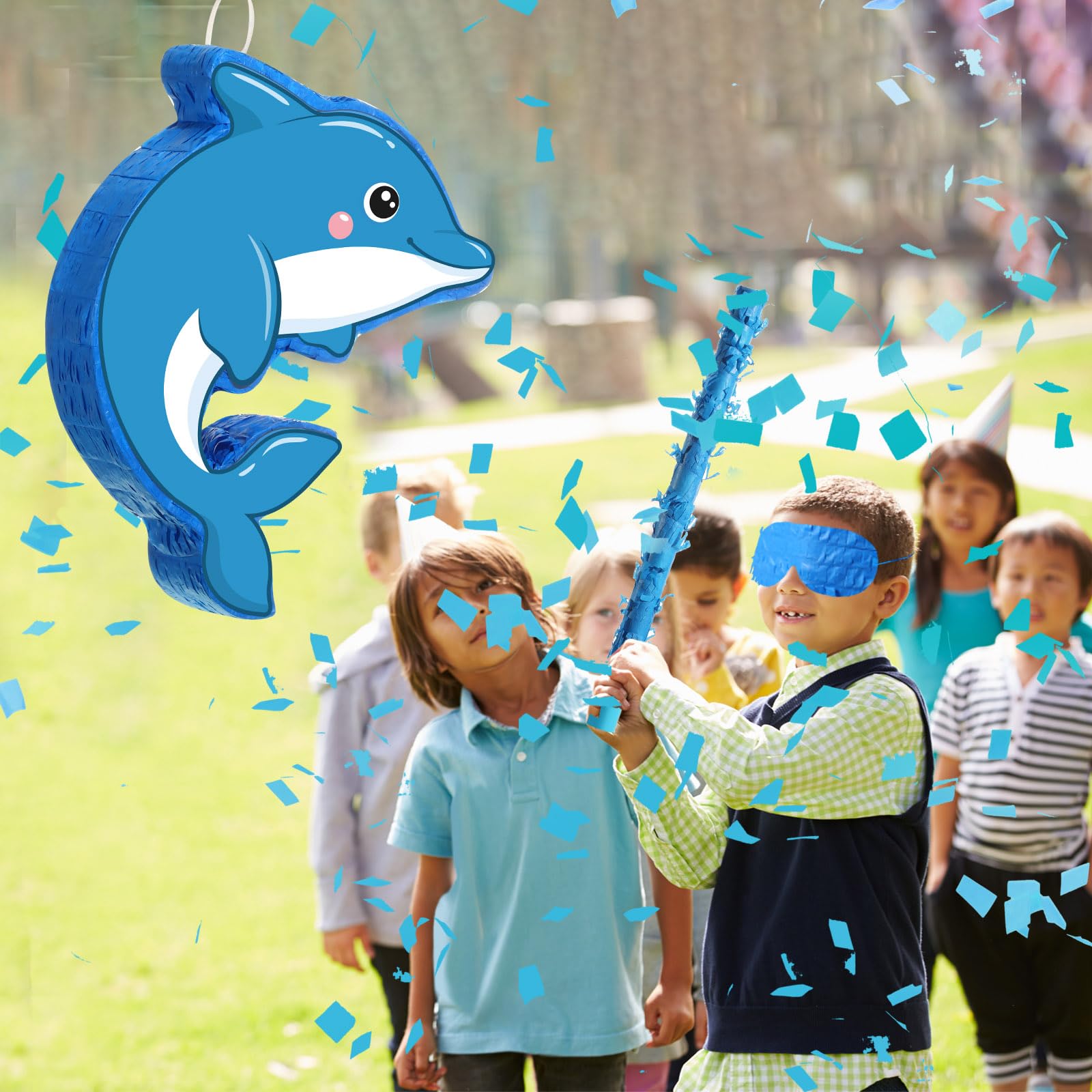 Harrycle Small Dolphin Pinata Under the Sea Pinata with Blindfold Bat and Confetti for Kids Dolphin Pinata Ocean Dolphin Pinata Decorations for Kids Birthday Party Baby Shower Supplies, 16 x 12.6 x 3"