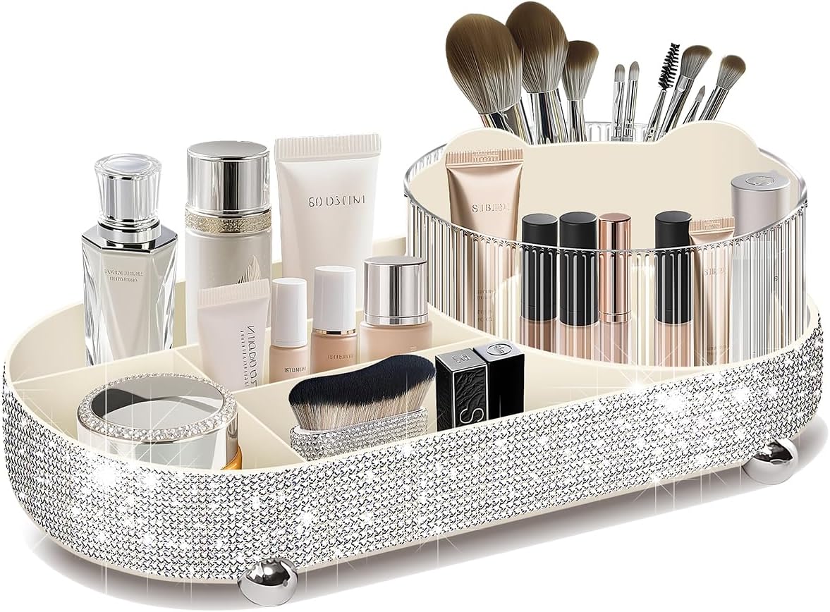 Yivaiks 360° Rotate Bling Makeup Organizer for Vanity Cosmetic Countertop Rhinestones Makeup Brush Holder Skincare Organizers Desk Storage Accessories