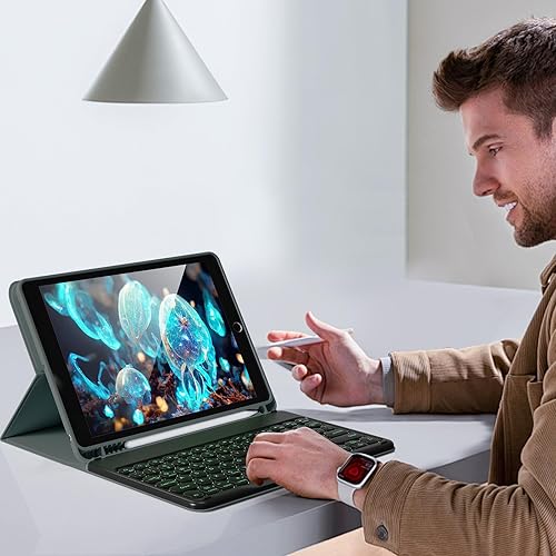 Miniatura 108 de aoub Funda para iPad de 9ª/8ª/7ª generación de 10.2 pulgadas, funda de teclado Bluetooth inalámbrica desmontable, funda trasera de TPU suave