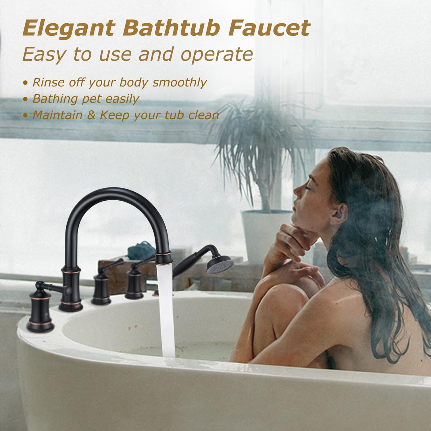Roman Tub Faucet with Hand Shower, Antique Tub Shower Faucet Set with Valve for 5 Hole, Deck Mount Shower Tub Faucet Set，3 Handle Bath Tub Faucet High Flow, Oil Rubbed Bronze(B2309-ORB)