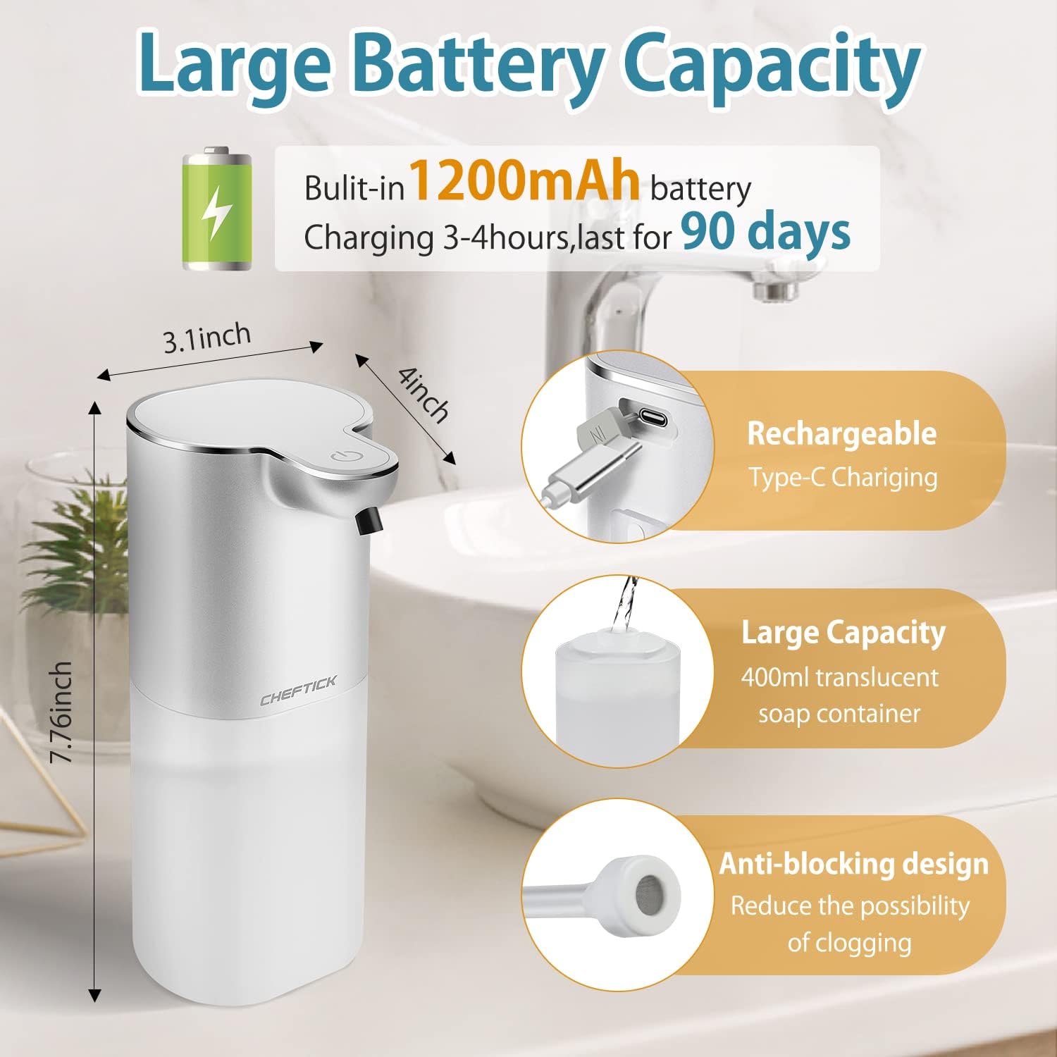 Cheftick Soap Dispenser, Automatic Foaming Soap Dispenser with 4 Adjustable Volume Control, Touchless Rechargeable Hands Free Auto Soap Dispenser for Kitchen, Bathroom, Hotel, Restaurant,13.5oz/ 400ml