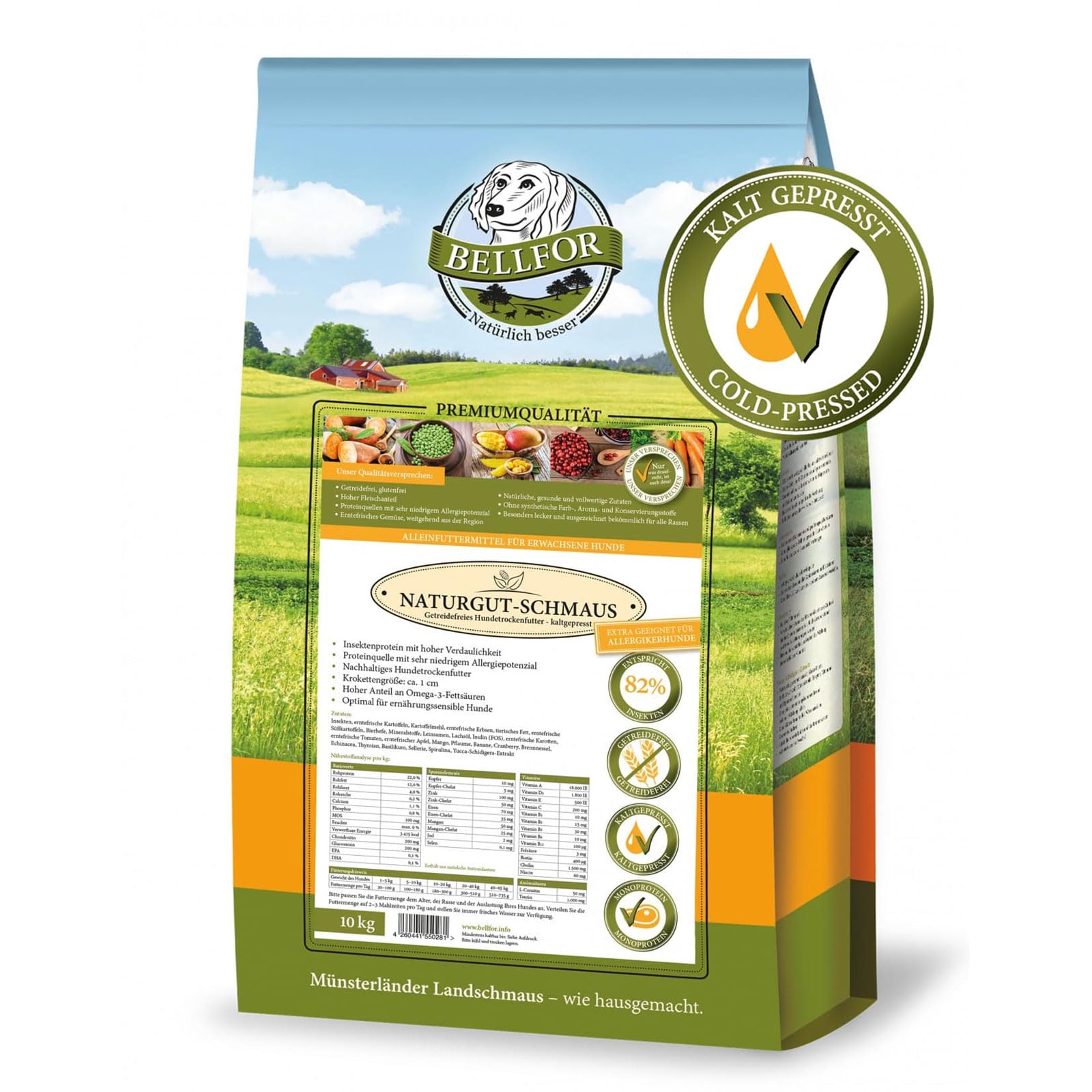 Bellfor Naturgut-Schmaus Hochwertiges Kaltgepresstes Hypoallergenes Trockenfutter für Hunde mit Insekten Getreidefrei Optimal für Ernährungssensible Hunde (10 kg)