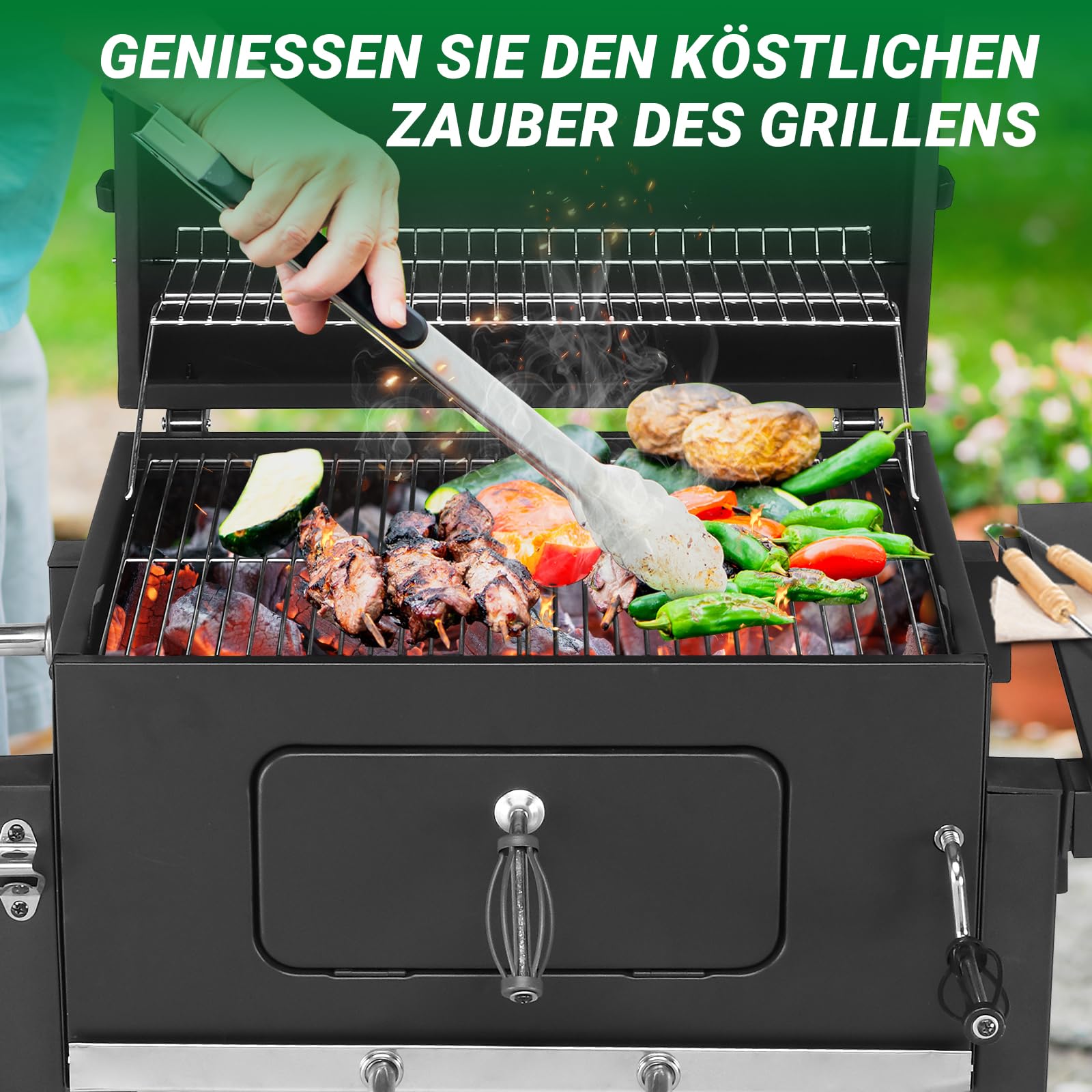 LEADZM Holzkohlegrill mit klappbarem Seitentisch und Rädern, robuster BBQ Grill für Garten, Terrasse und Outdoor Grillabende, 116 × 57 × 108 cm