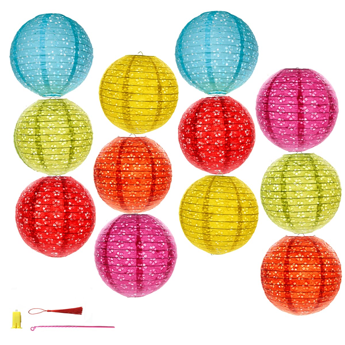 12Pcs Chinese Paper Lanterns with LED Lights Hollow Out Hanging Asia Japanese Paper Lamps with Tassel and Walking Stick, 8 in Lanterns for Chinese New Year Lanterns Decorations(Round)