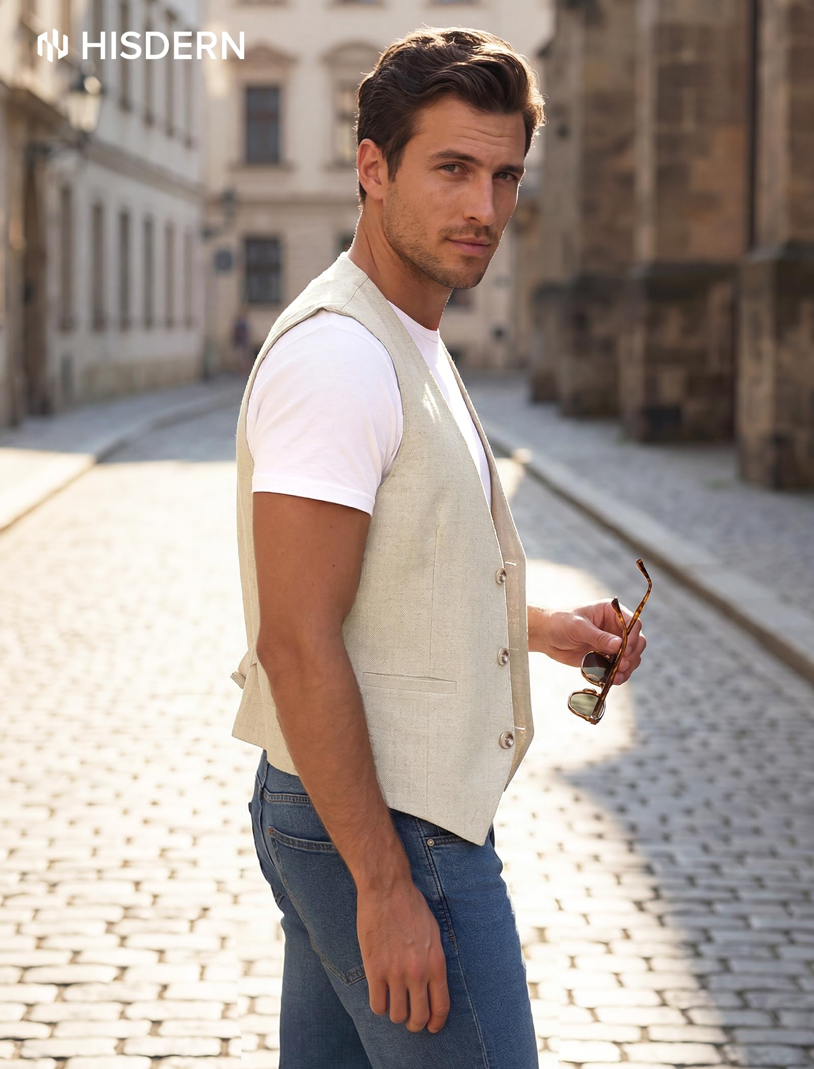 HISDERN Chaleco de hombre de verano de algodón y lino para traje ideal para bodas fiestas y negocios con bolsillos