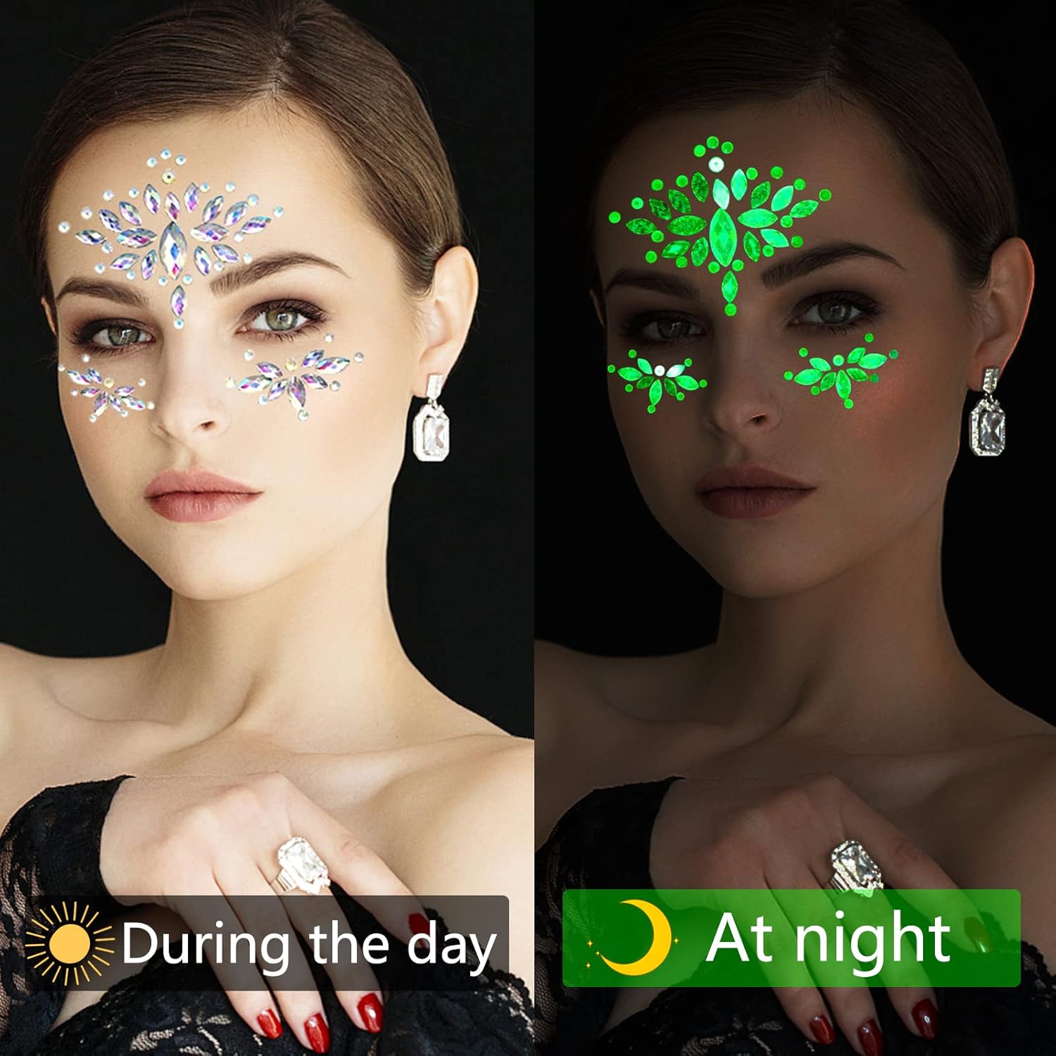 光る顔の宝石、4パックの夜光ステッカー暗闇で光るタトゥークリスタルボディジェムは、ハロウィーンのカーニバルフェスティバルパーティーに